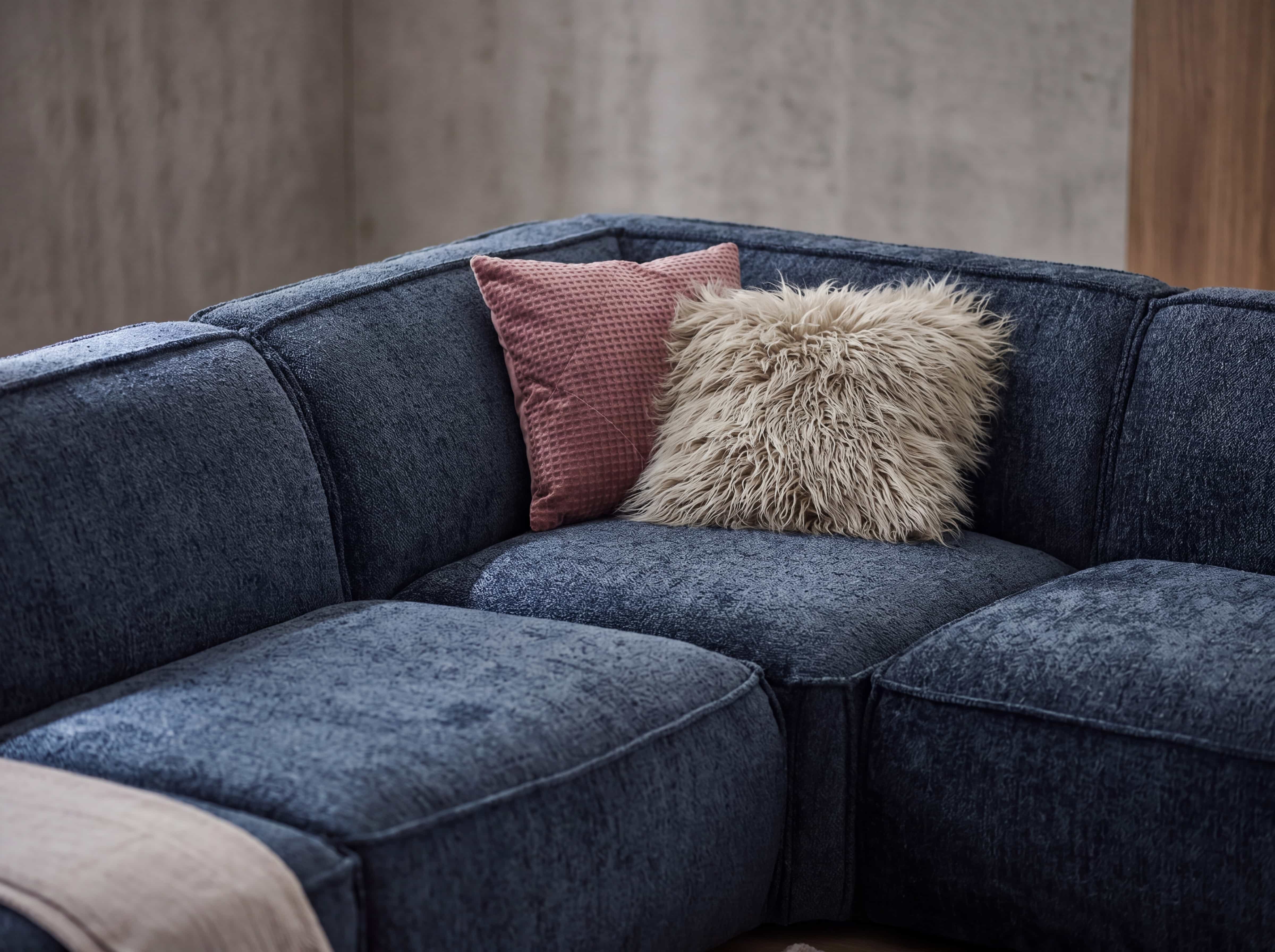 Ecksofa mit dunkelblauem Stoffbezug, gepolsterten Sitzflächen und zwei dekorativen Kissen in der Ecke