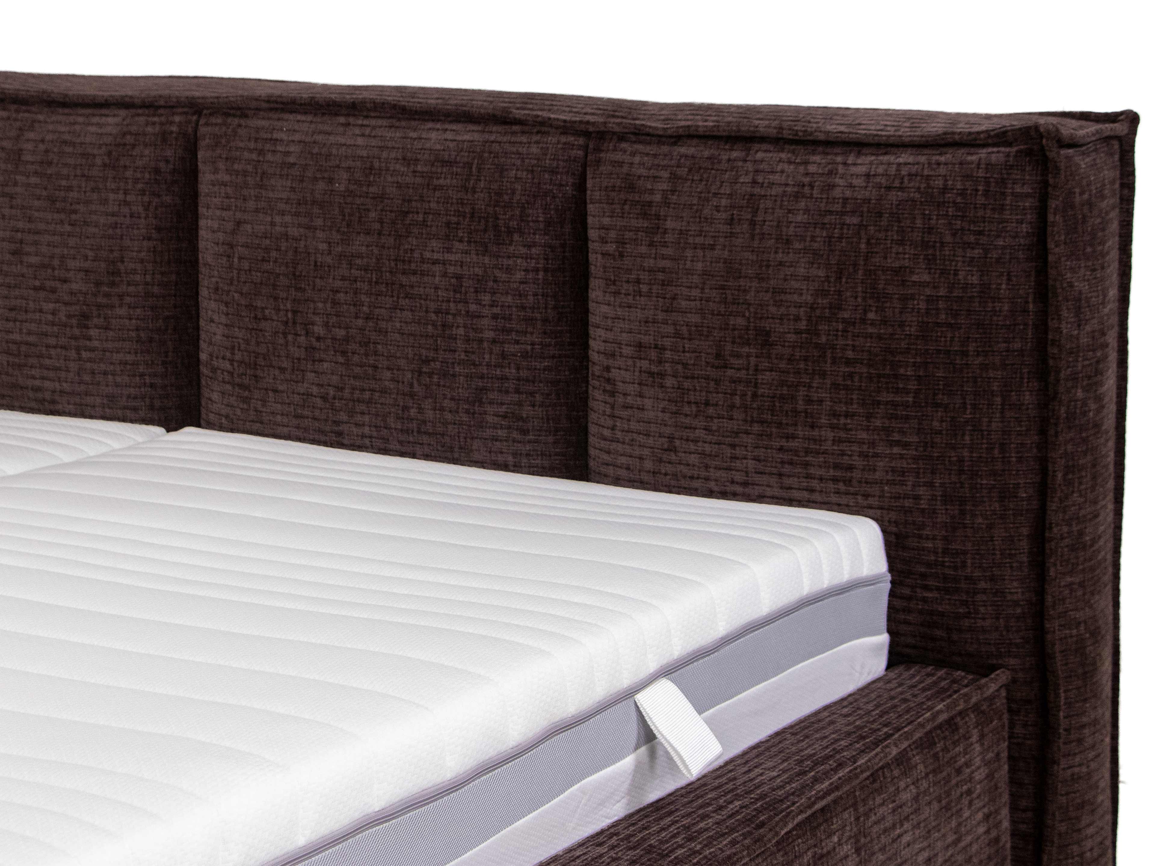 Boxspringbett Kabs mit gestepptem, gepolstertem Kopfteil aus braunem Stoff und weißer Matratze