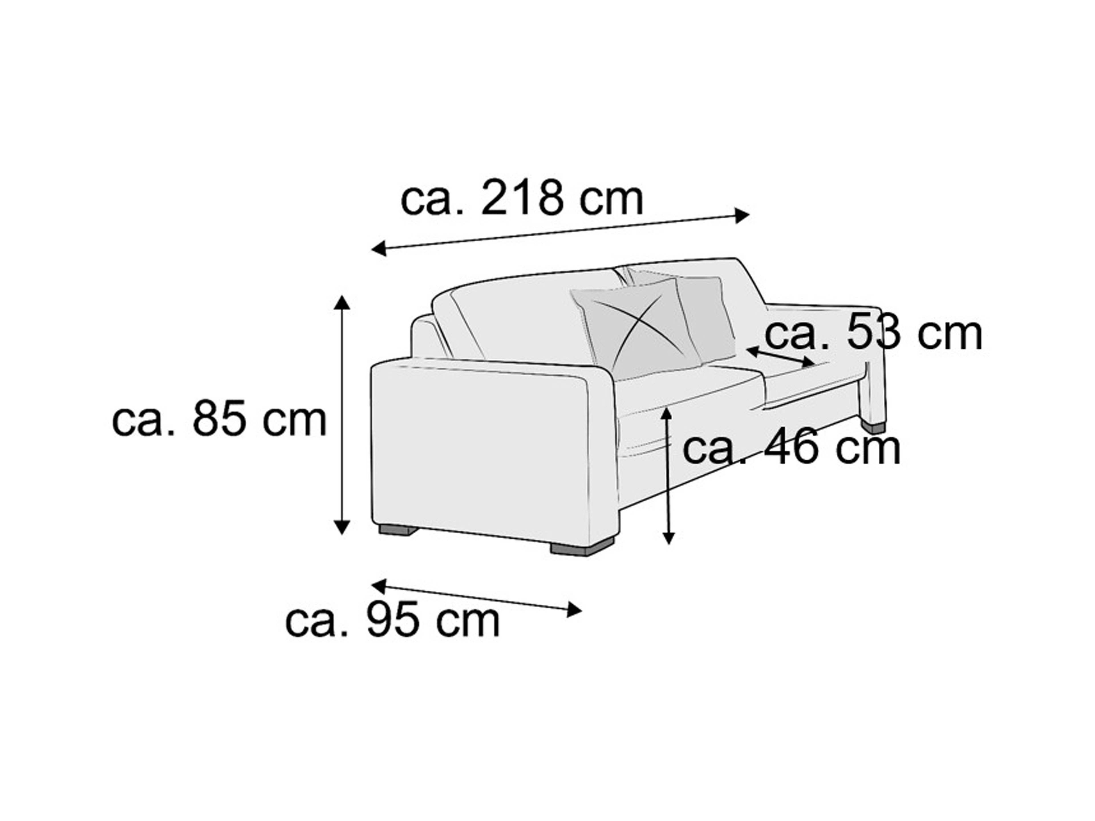 3-Sitzer Sofa mit zwei Sitzkissen, Armlehnen, rechteckiger Form und Blockfüßen, Maße angegeben
