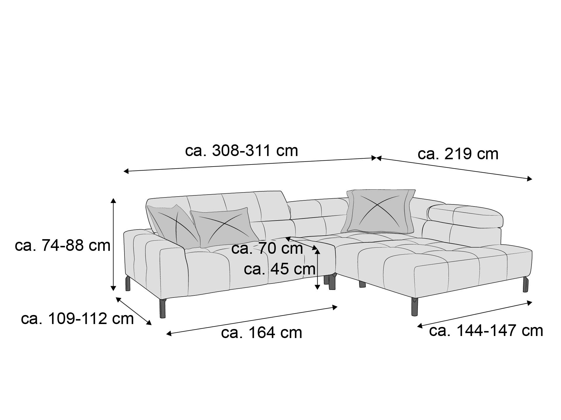 Ecksofa mit gepolstertem Stoffbezug, rechteckiger Ottomane, Armlehnen, sichtbare Steppung, Kissen