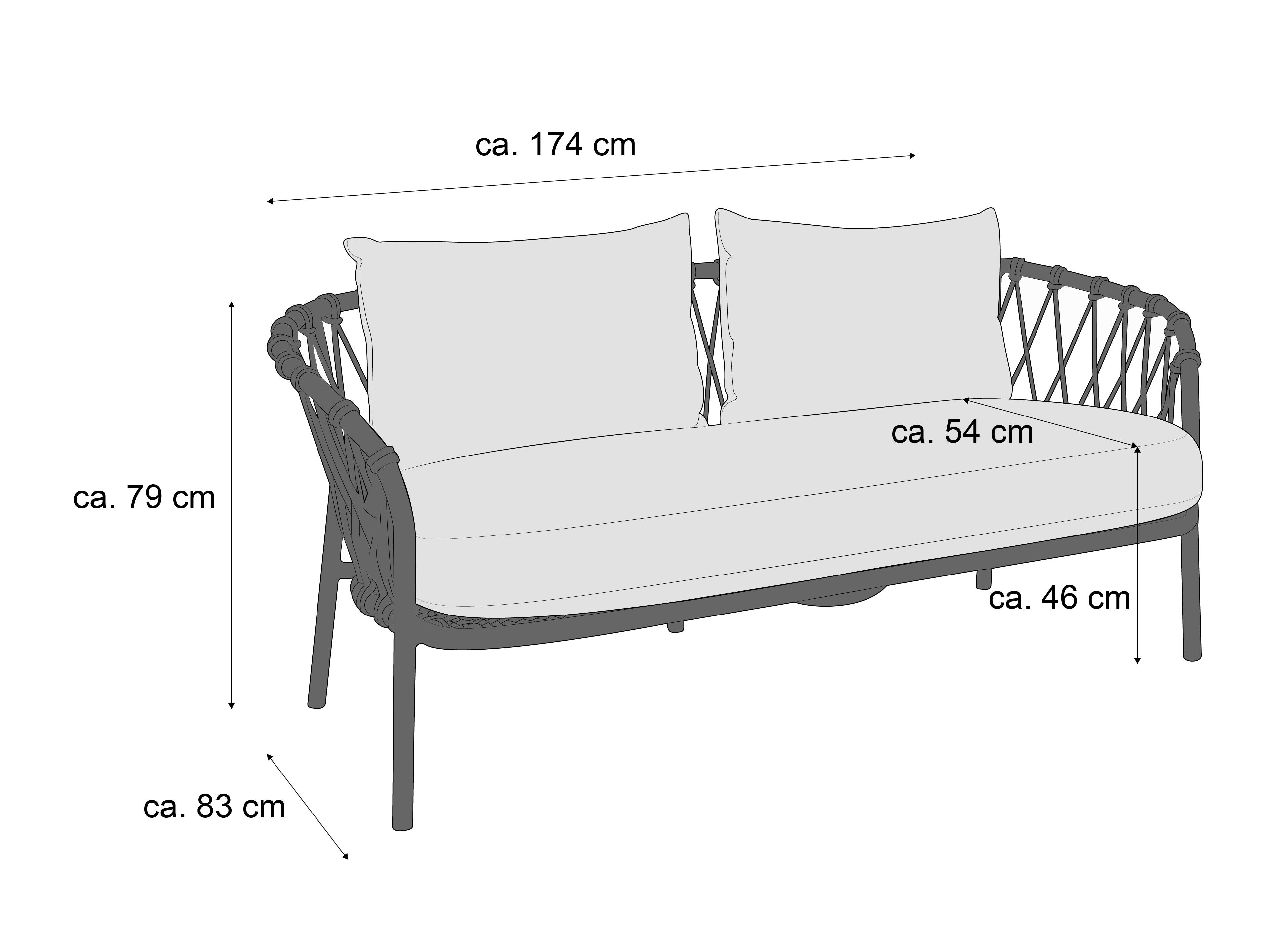 2-Sitzer Sofa mit hellem Polster, runder Rückenlehne mit Flechtstruktur und schwarzen Beinen