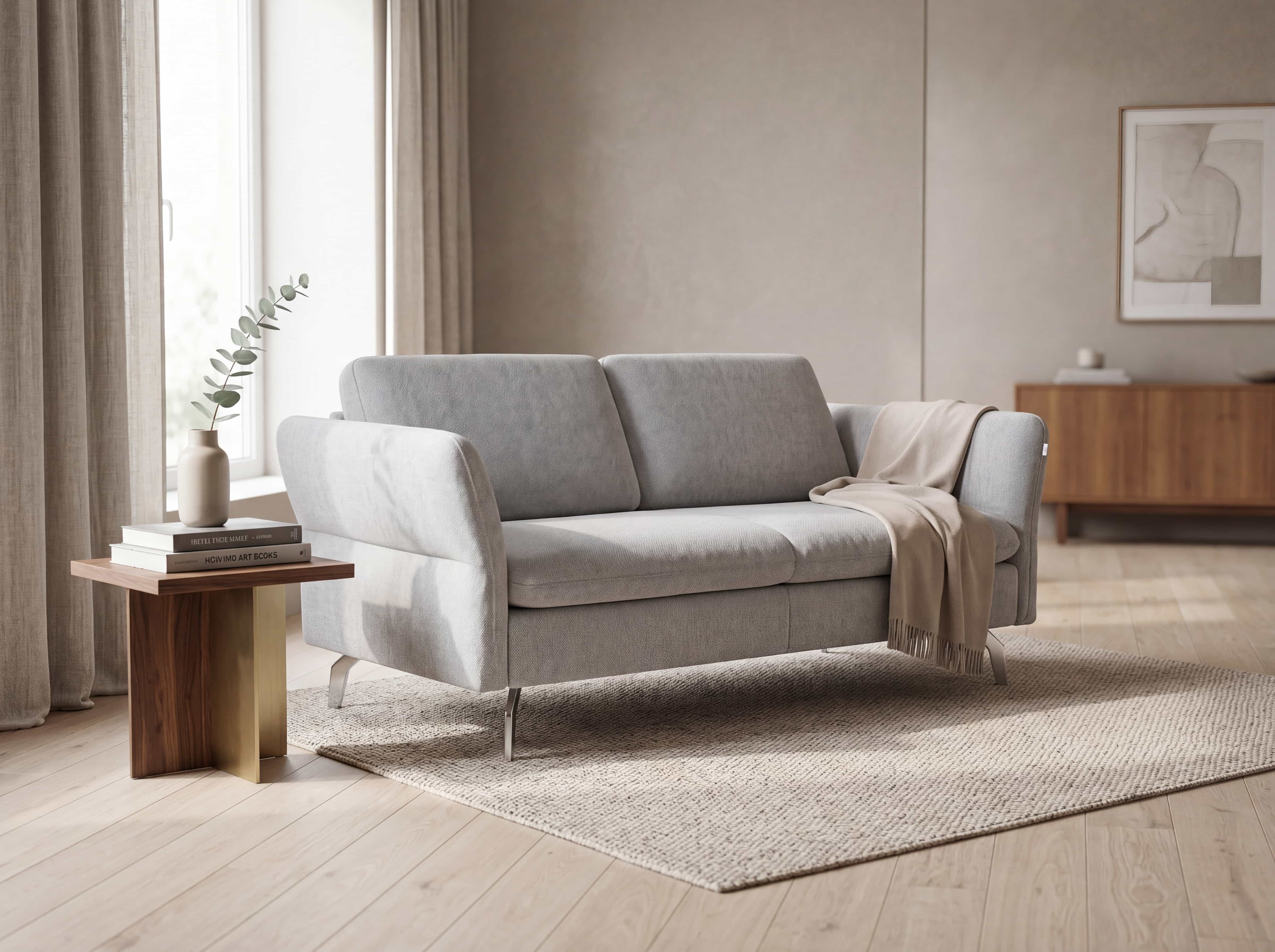 2-Sitzer Sofa Kabs mit hellgrauem Stoffbezug, gepolsterte Rückenlehne und Metallfüßen
