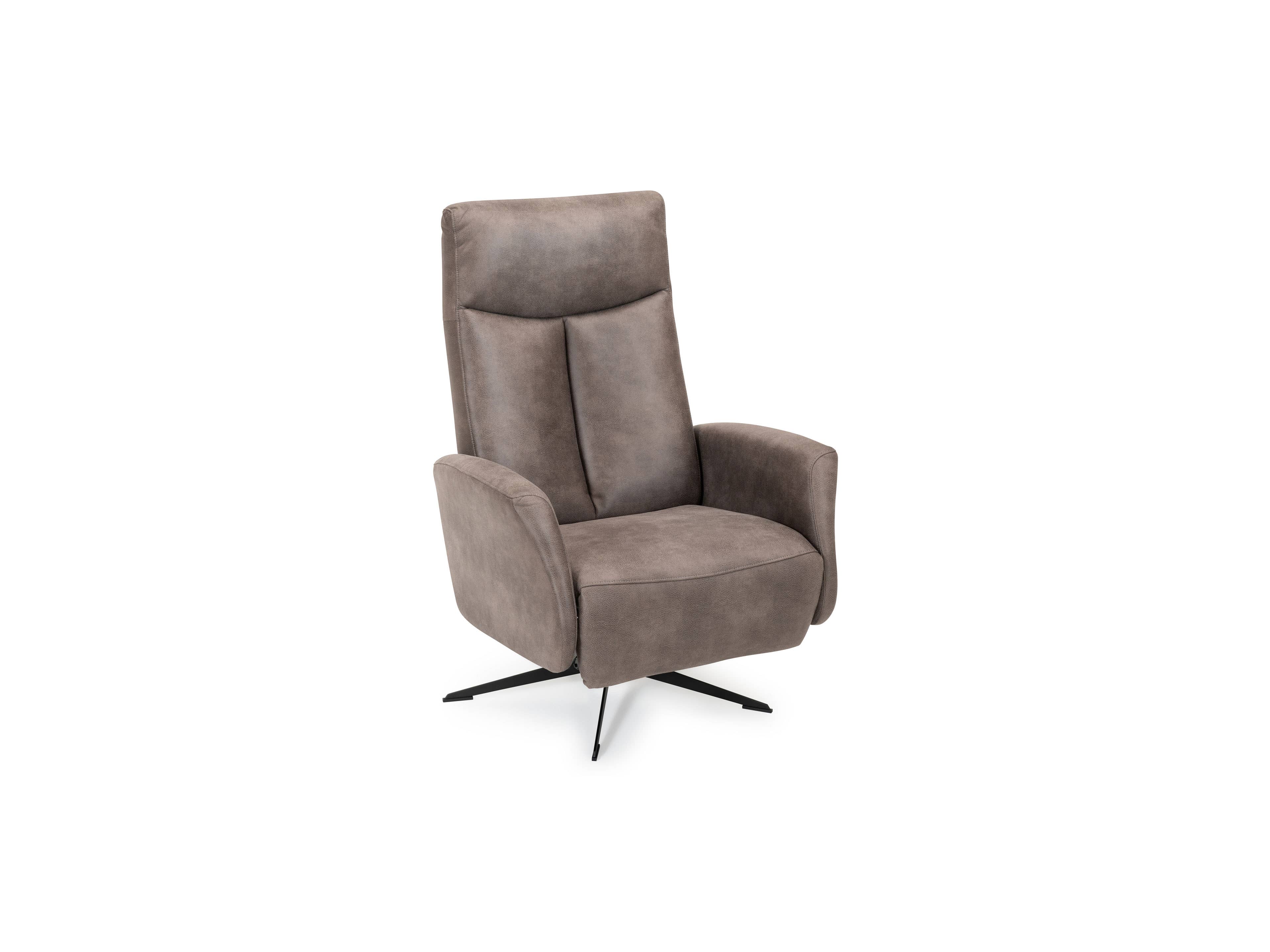 Relaxsessel Juna mit braunem Stoffbezug, hohem Rücken, gepolsterter Sitzfläche und schwarzen Metallfüßen