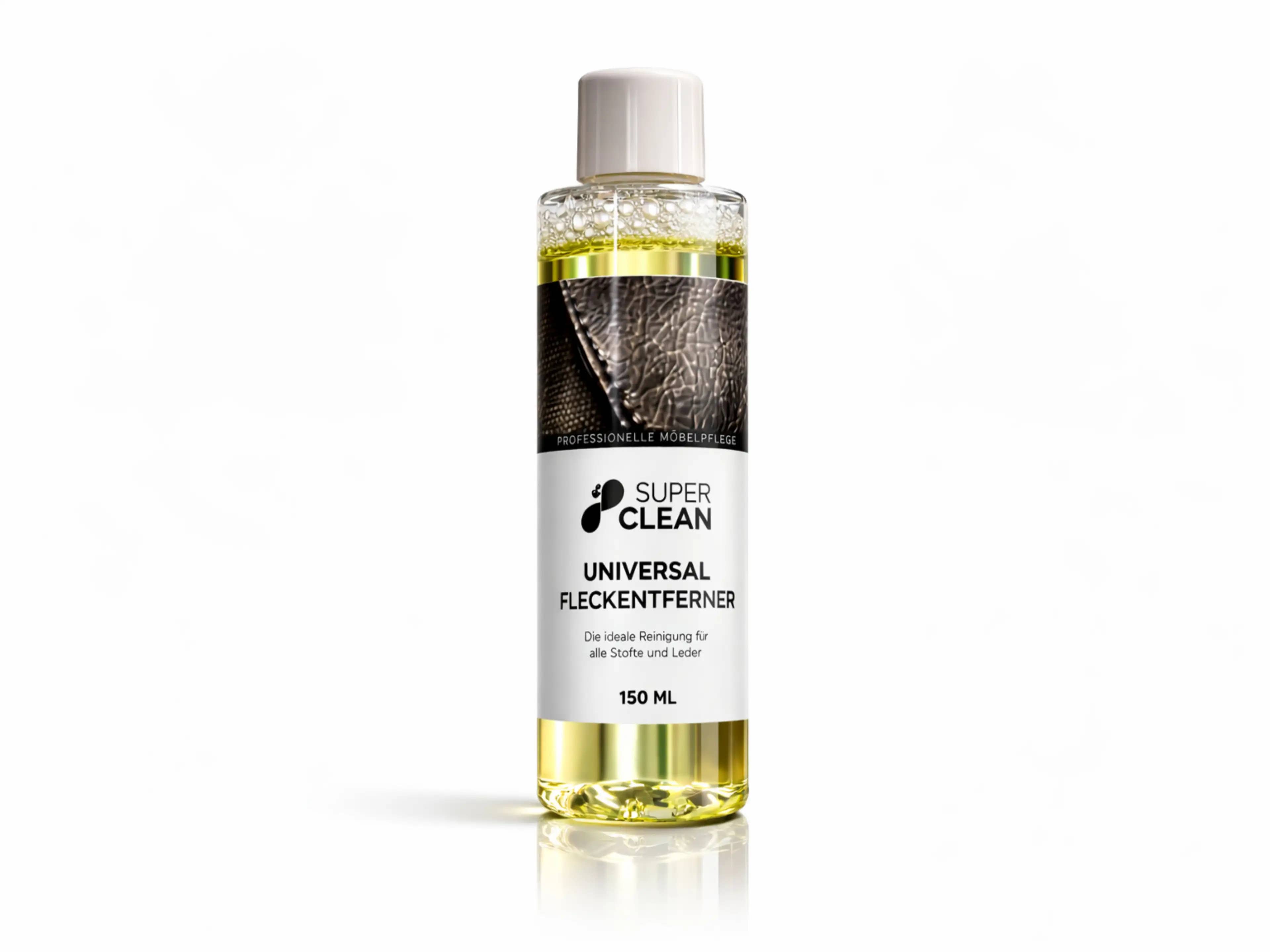 Polsterreiniger Universal Fleckenentferner 150ml – transparente Flasche mit weißem Schraubverschluss