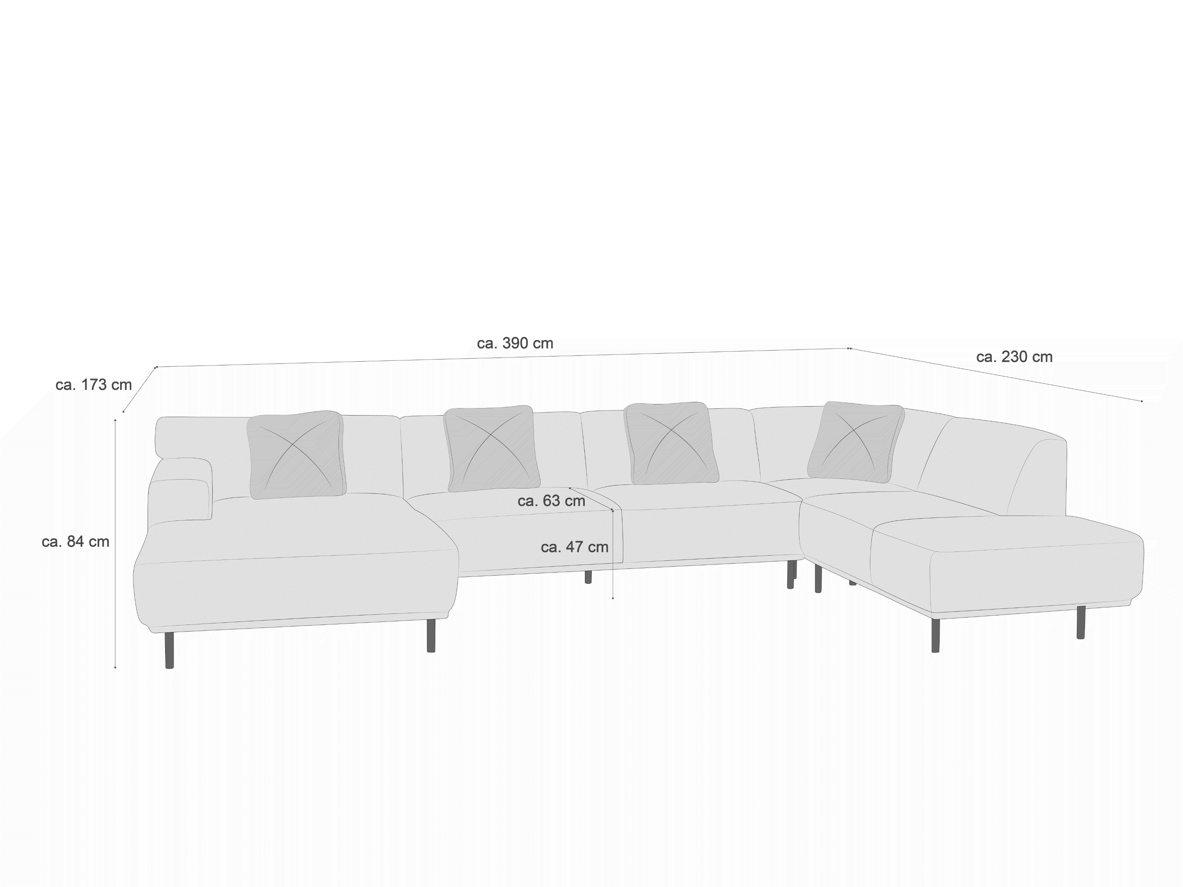 Ecksofa mit Stoffbezug, linksseitiger Longchair, drei Kissen, Armlehne links, schlanke Füße