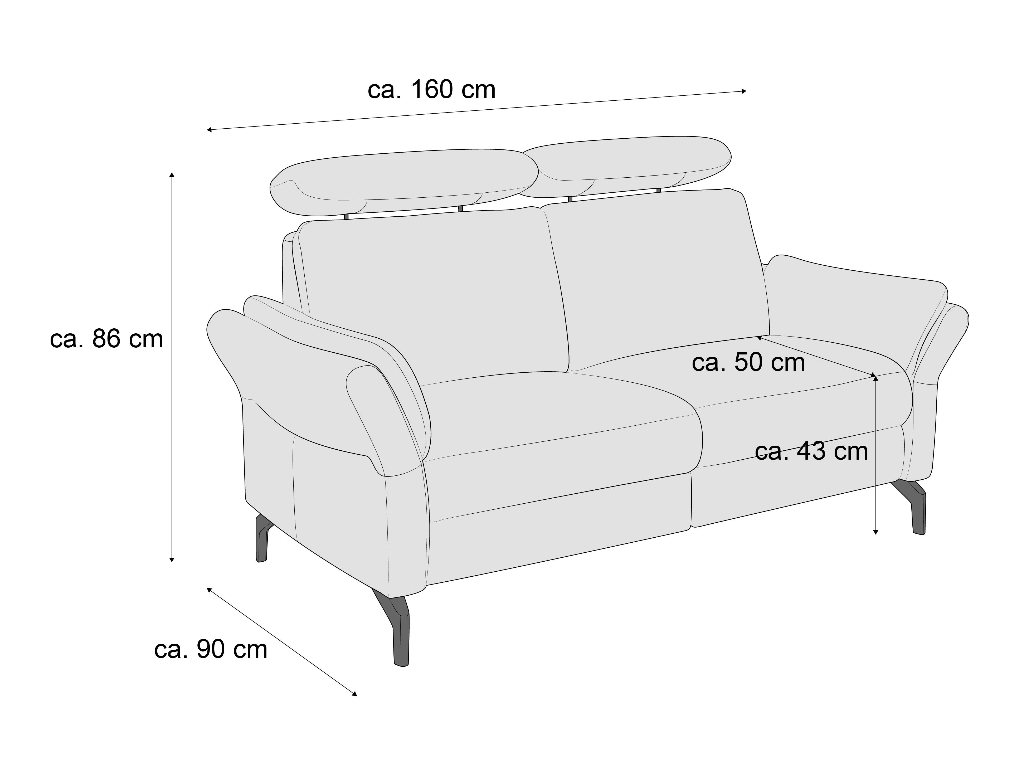2-Sitzer Sofa mit gepolsterten Armlehnen, höhenverstellbaren Kopfstützen und sichtbaren Füßen
