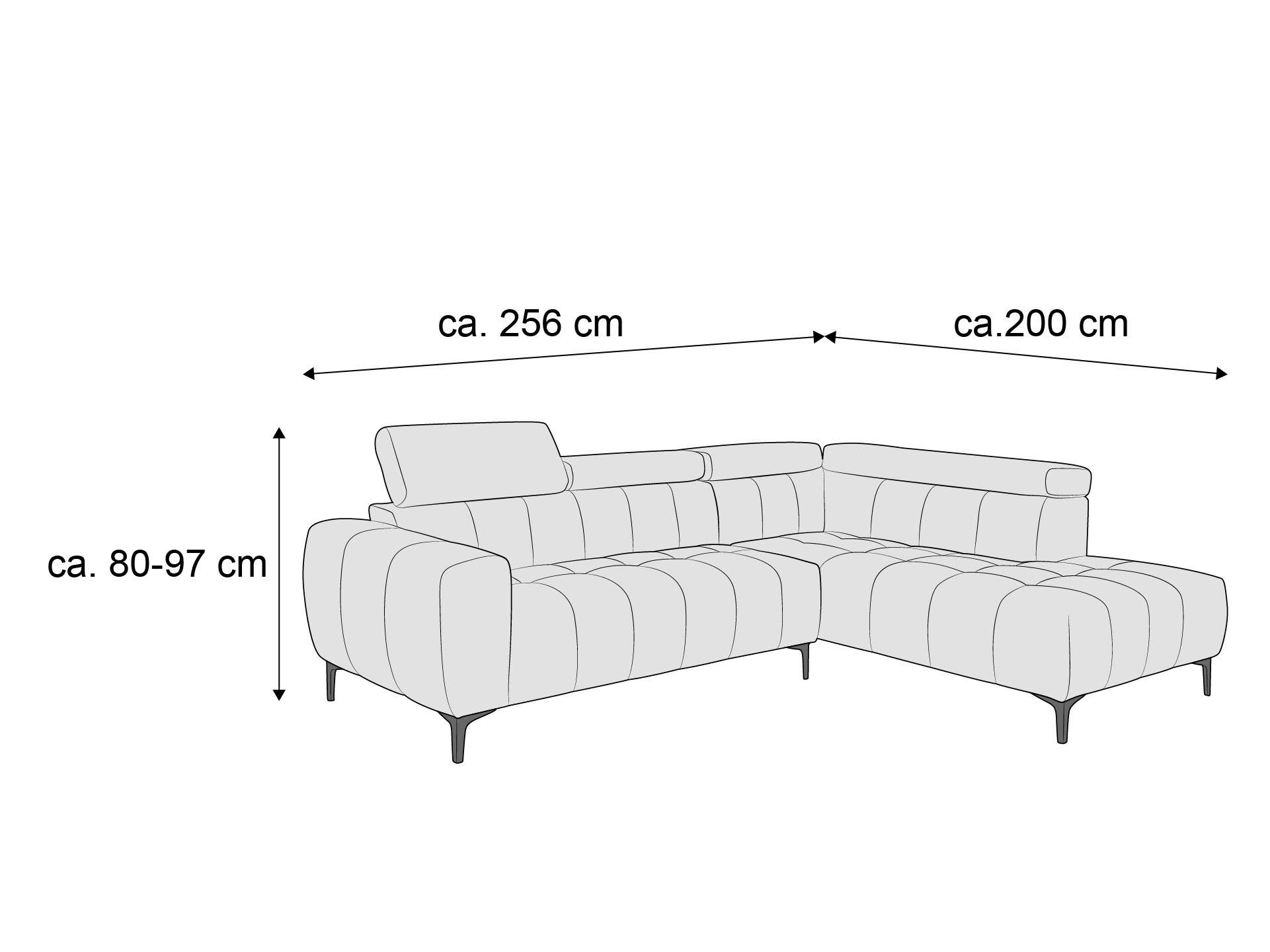 Ecksofa mit verstellbarer Kopfstütze, gepolstert, sichtbare Steppung, Metallfüße, L-Form