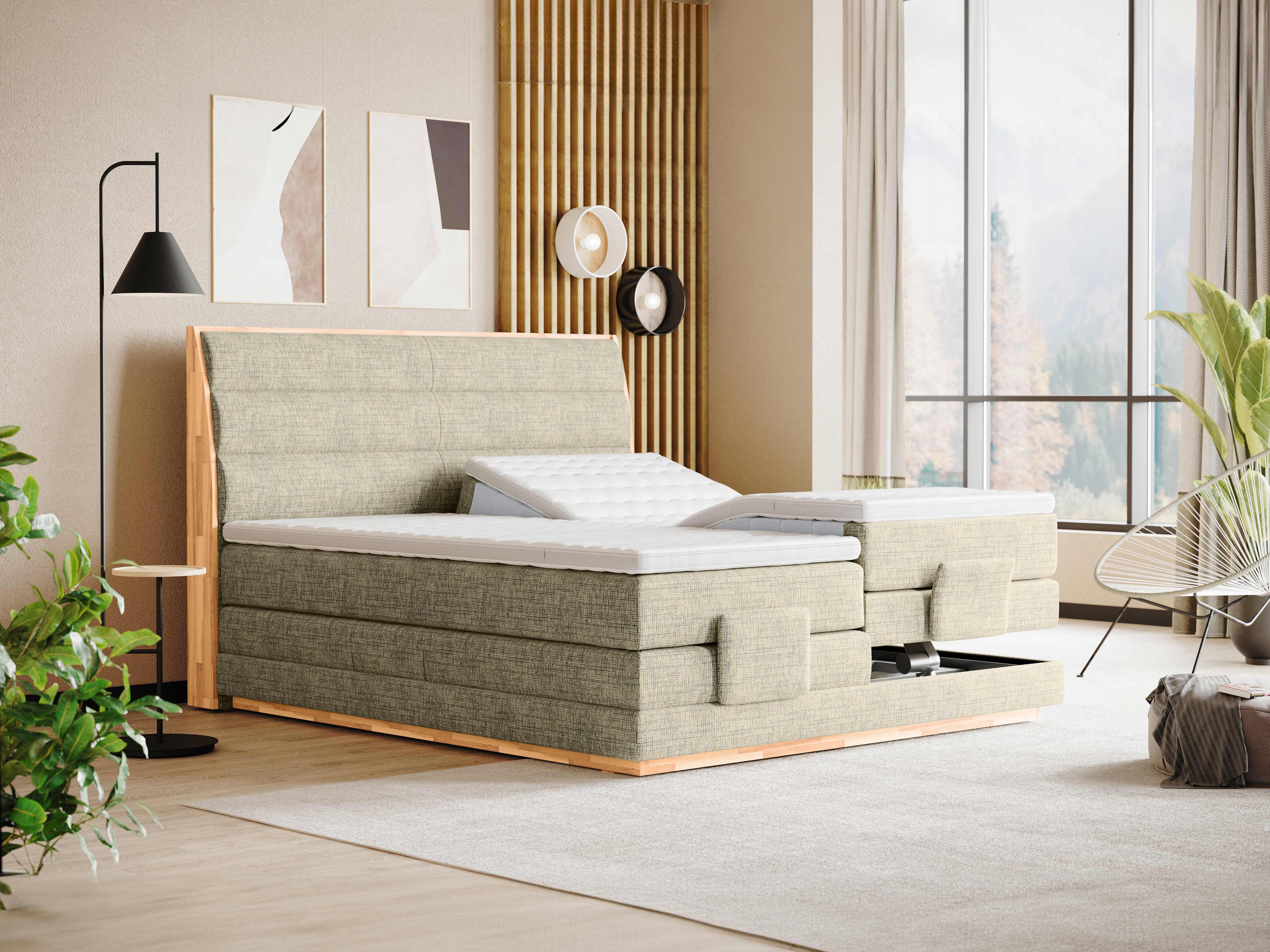 Boxspringbett mit gepolstertem Kopfteil, Stoffbezug in Beige, Holzrahmen und geteiltem Unterbau