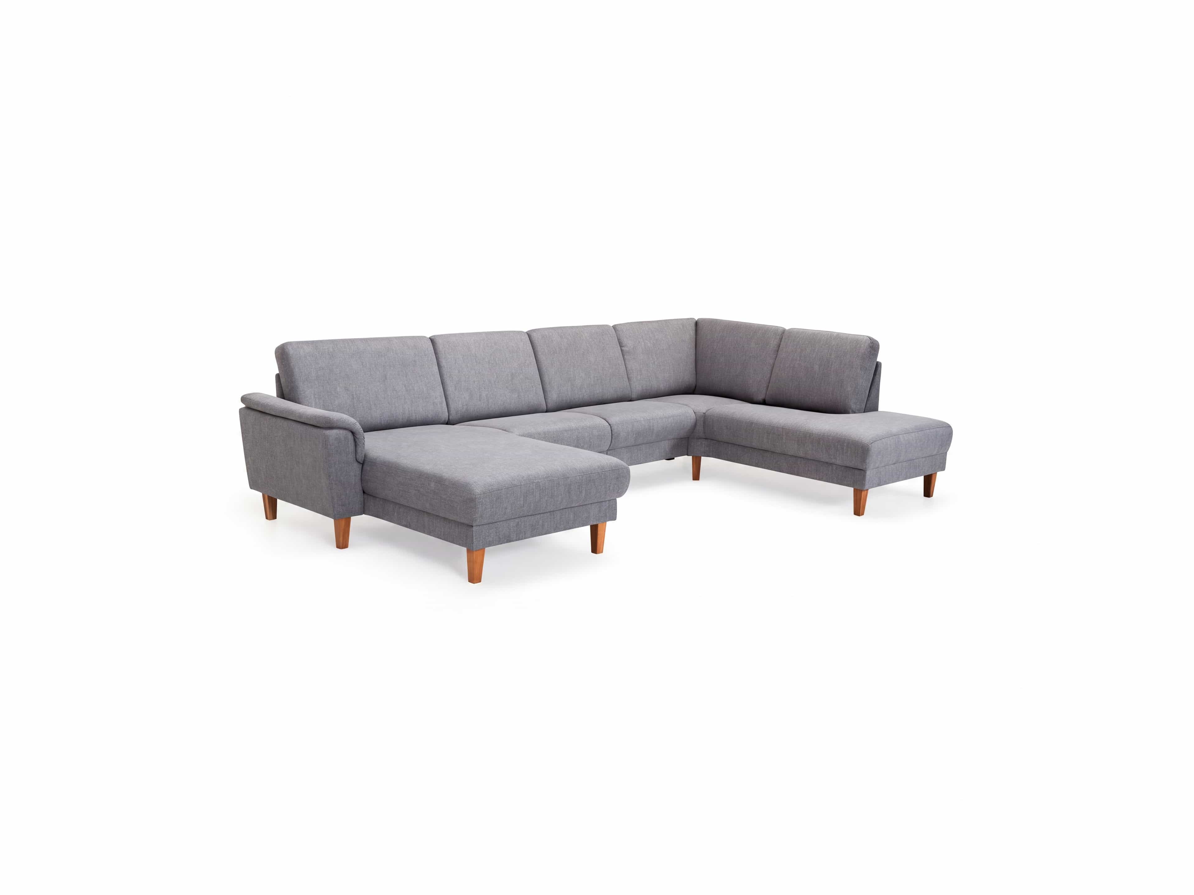 Ecksofa Kabs mit grauem Stoffbezug, gepolsterten Rückenlehnen und Holzfüßen, L-Form