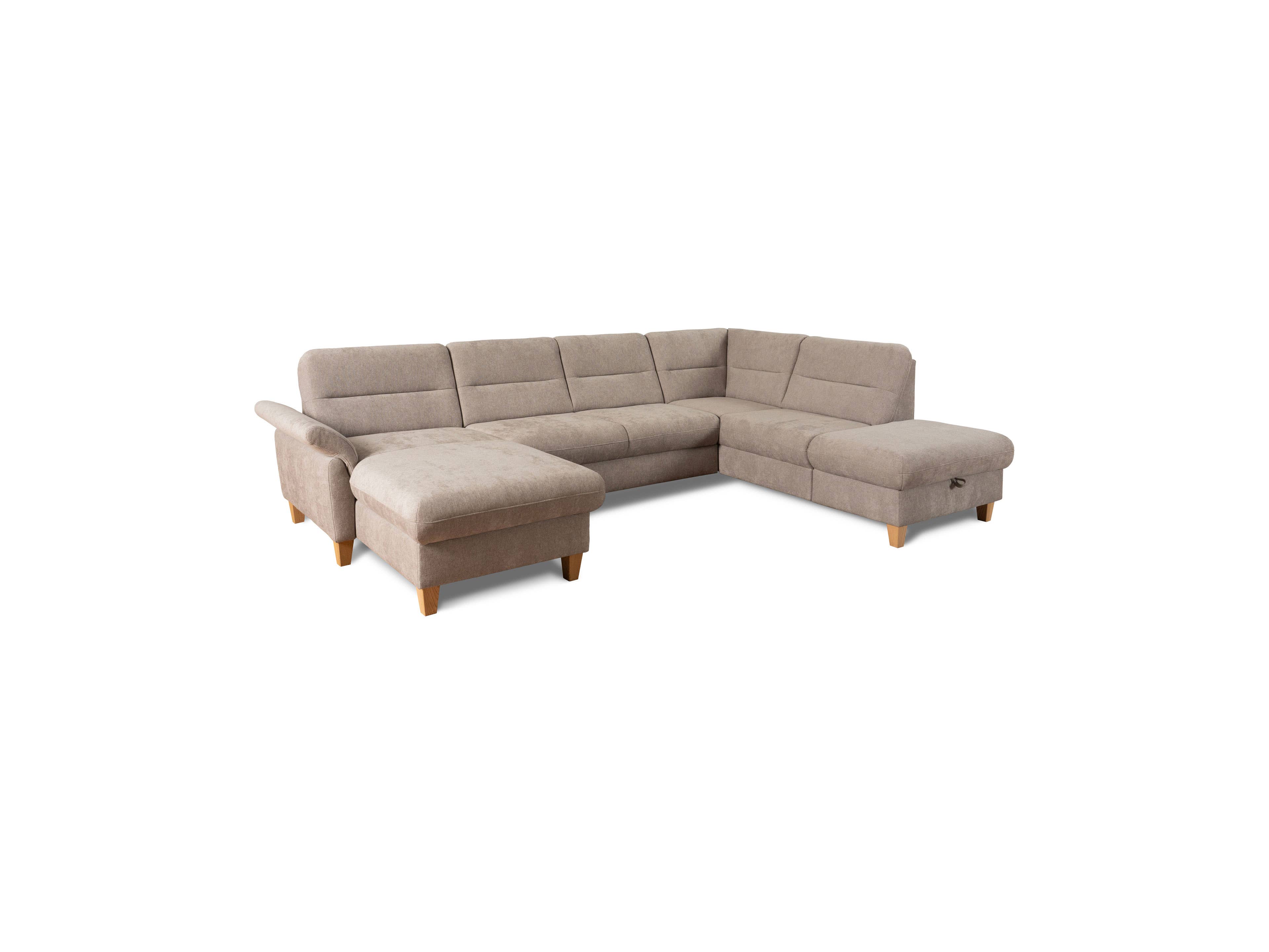 Ecksofa mit beigefarbenem Stoffbezug, gepolsterter Rückenlehne, Armlehne und Holzfüßen