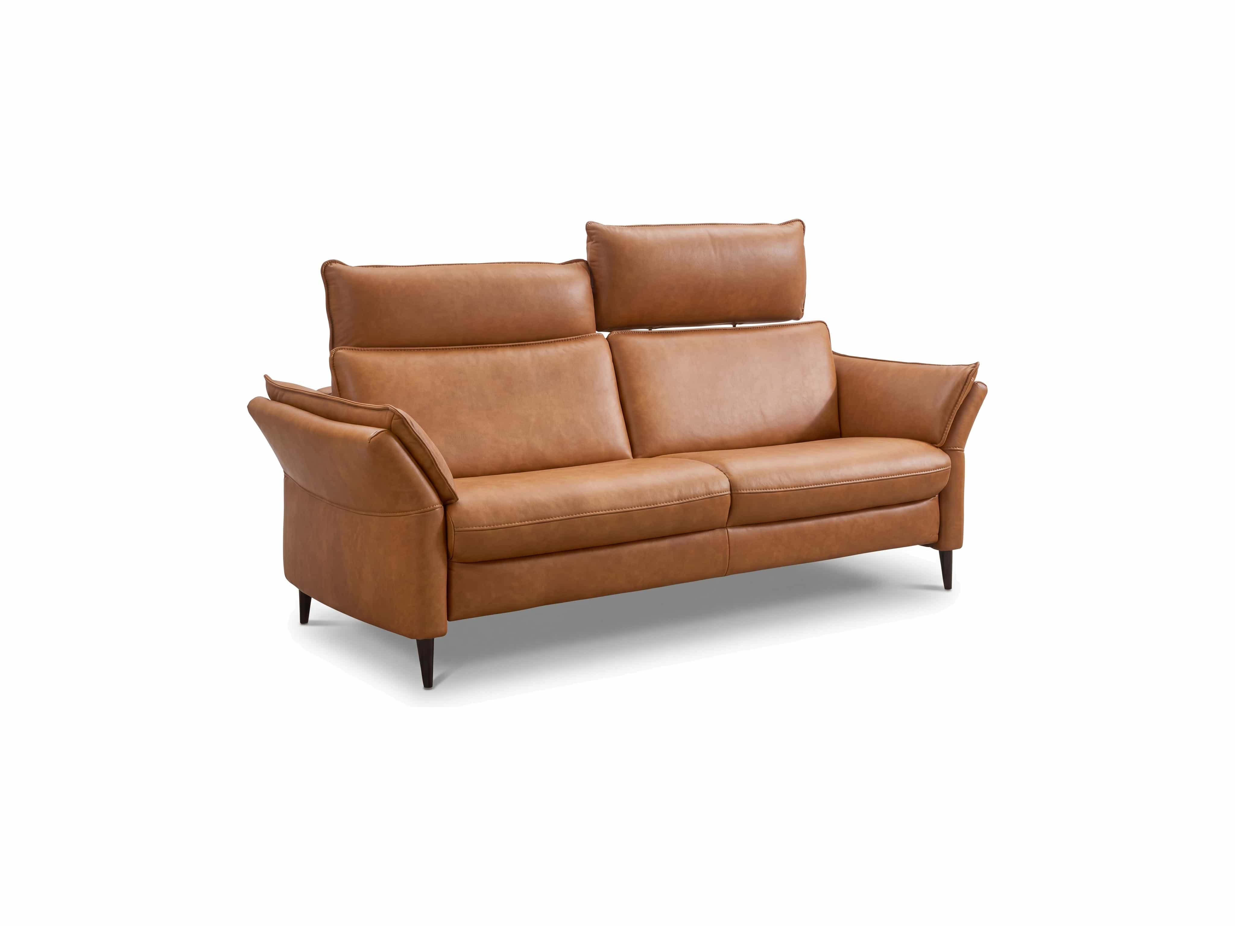 3-Sitzer-Sofa Modellname mit cognacfarbenem Lederbezug, hohen Rückenlehnen und schrägen Armlehnen