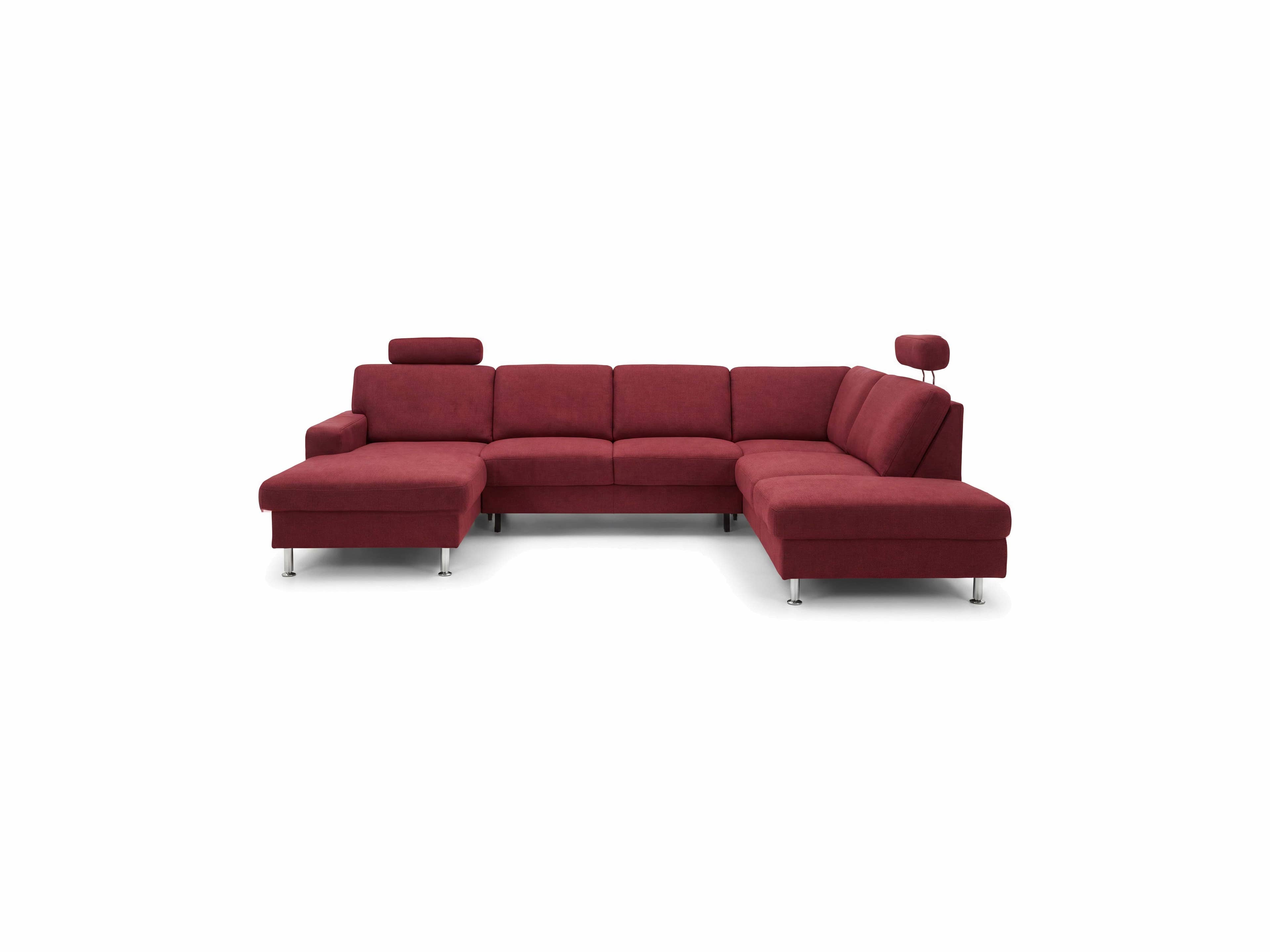 Ecksofa Venosa aus bordeauxrotem Stoff mit zwei Kopfstützen, Armlehne links und Metallfüßen
