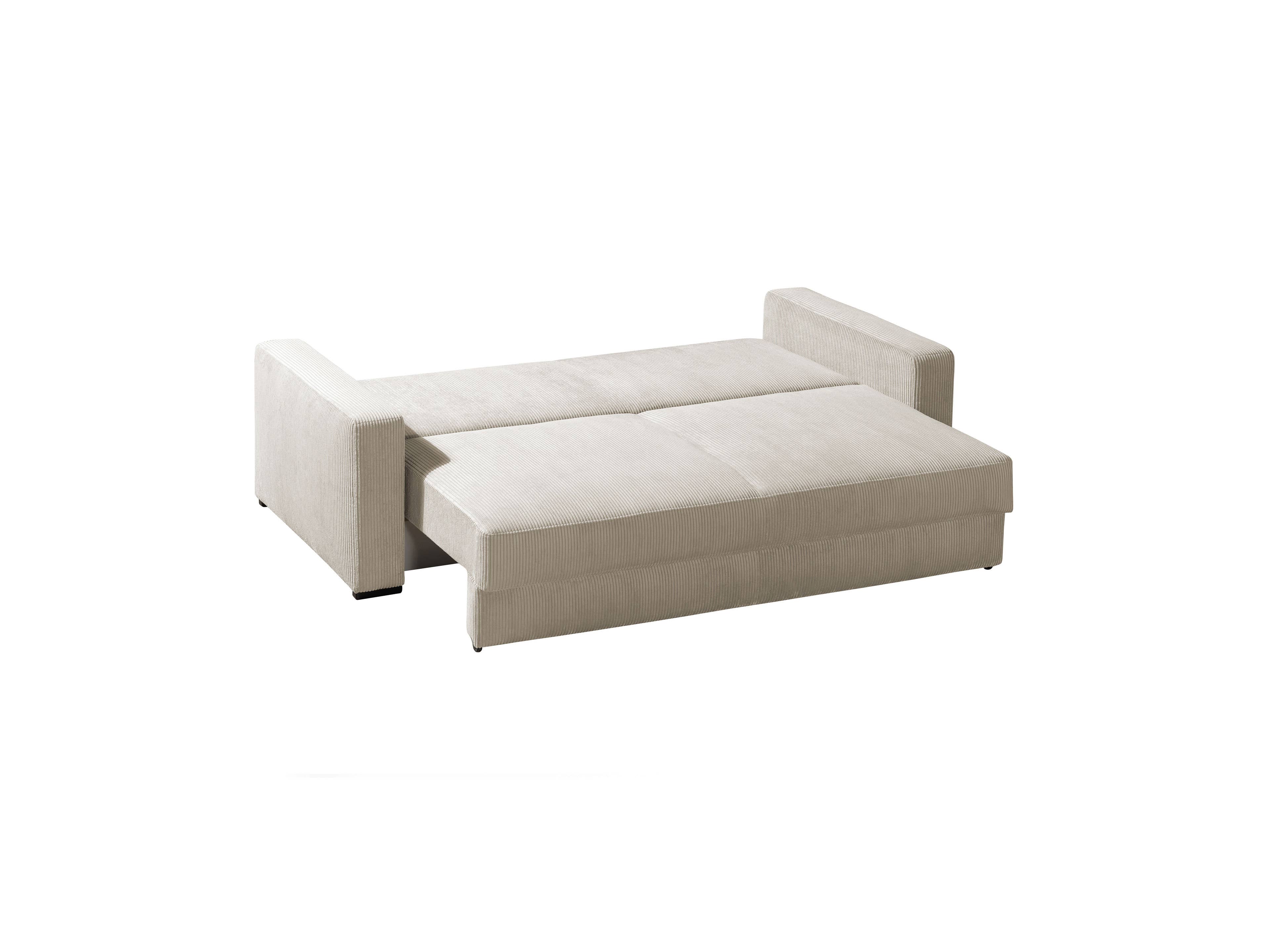 Schlafsofa in Beige mit Stoffbezug, ausgezogen mit Armlehnen links und rechts, rechteckige Form