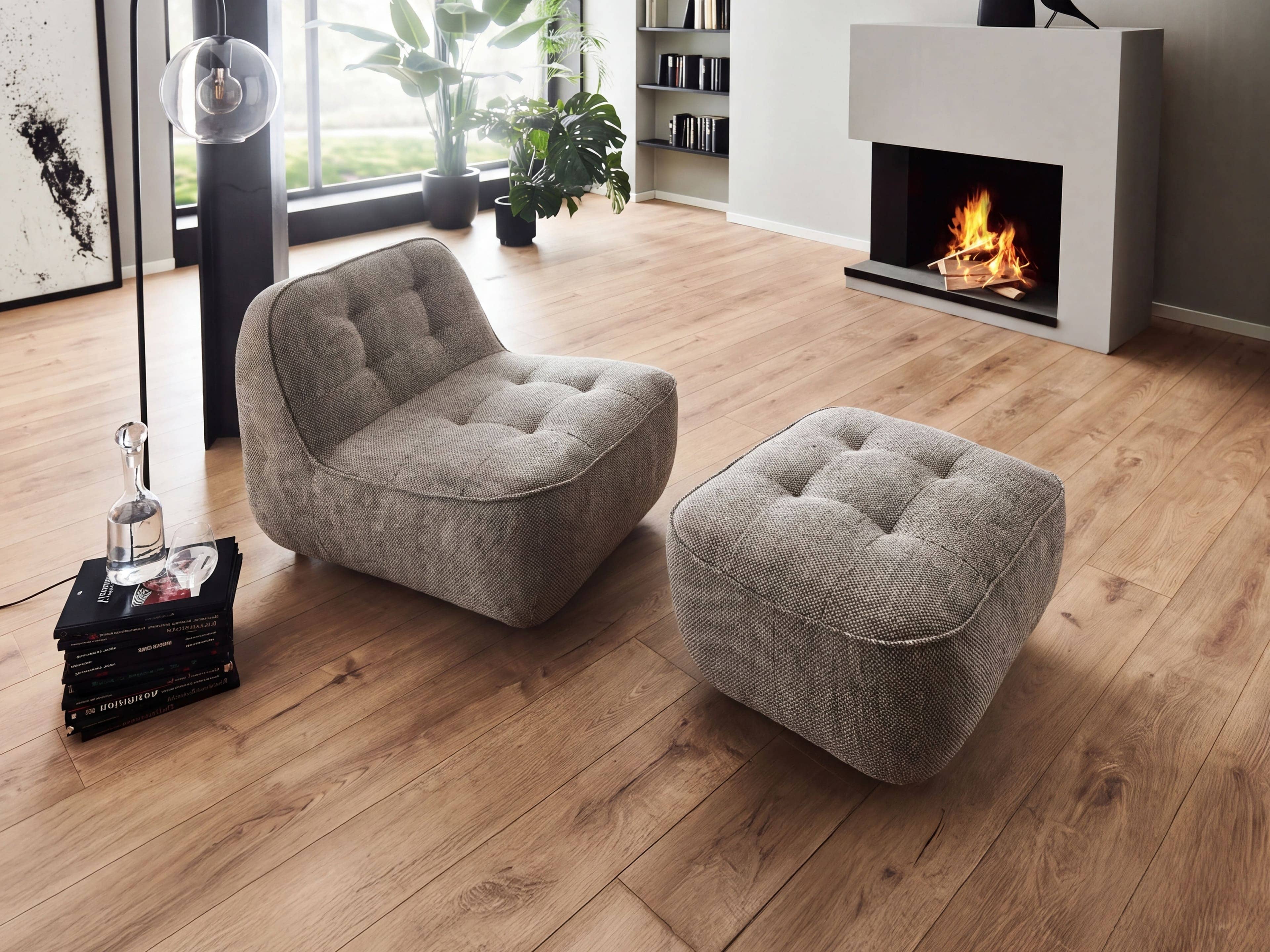 Loungesessel Kabs Polsterwelt mit Hocker, grau, strukturierter Stoffbezug, gepolstert, Knopfheftung