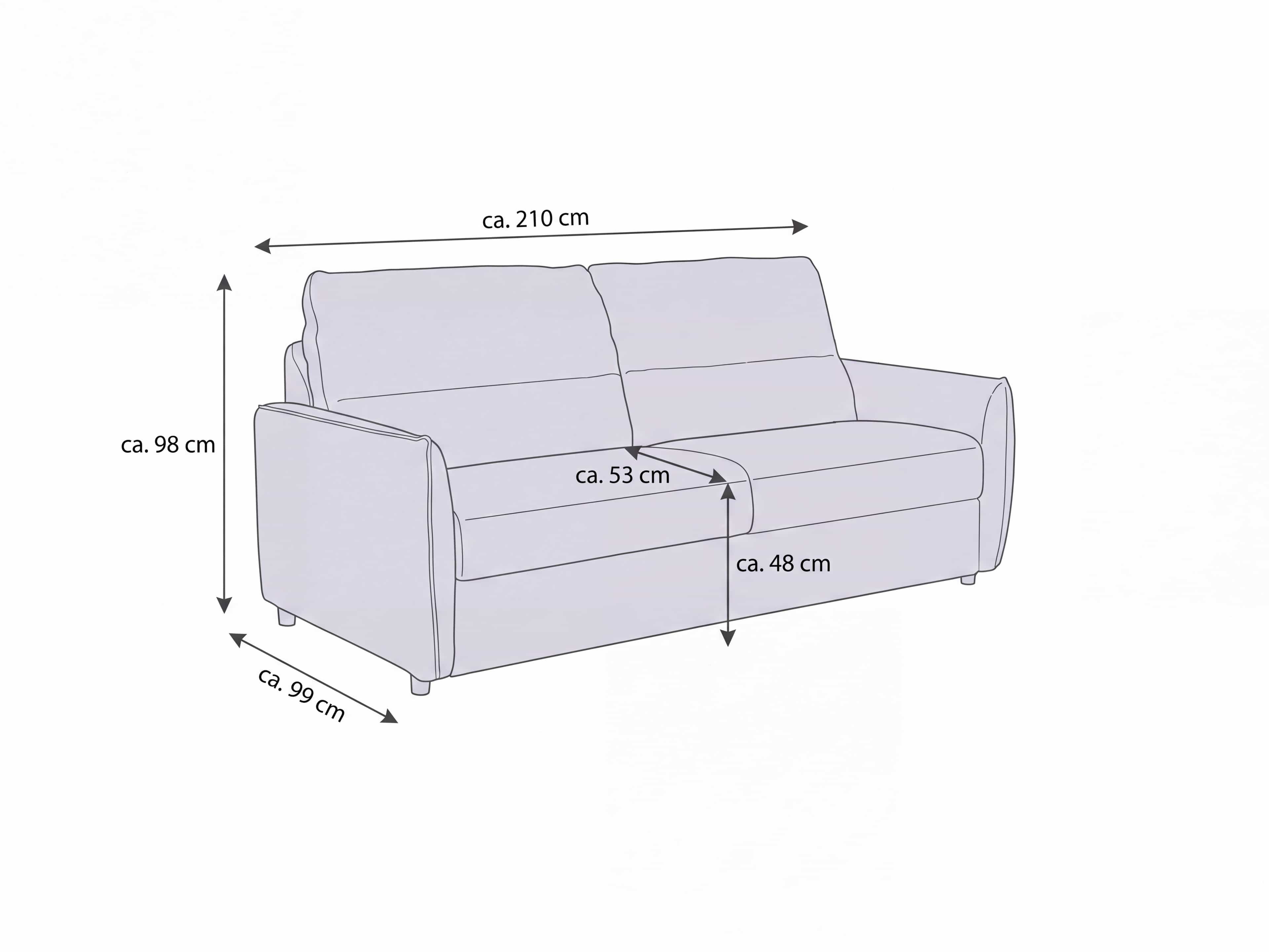 Sofa – Maßzeichnung mit Angaben zu Breite, Tiefe, Höhe, Sitzhöhe und Sitztiefe