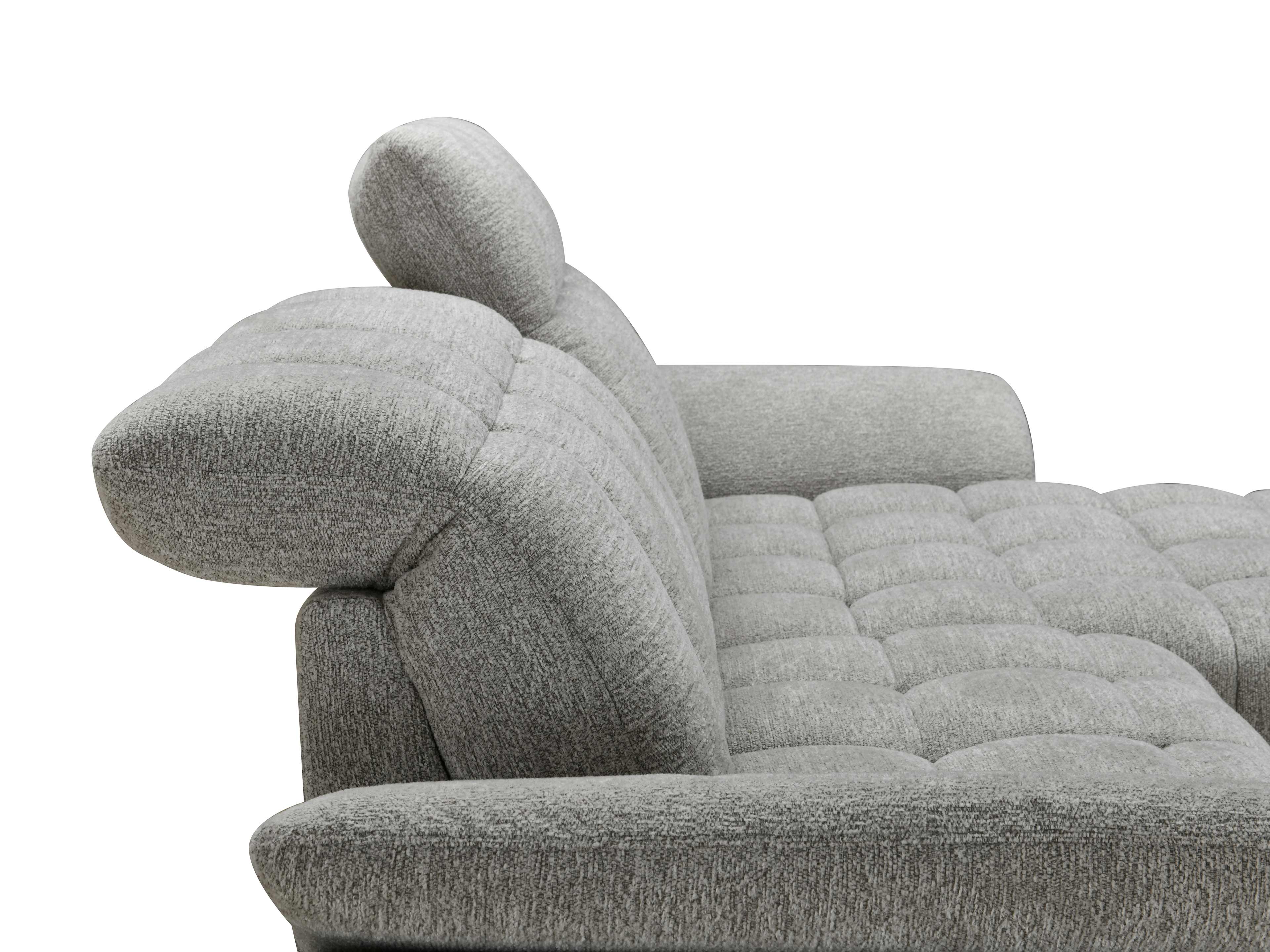 Ecksofa Faro mit grauem Stoffbezug, verstellbaren Kopfstützen und gestepter Polsterfläche