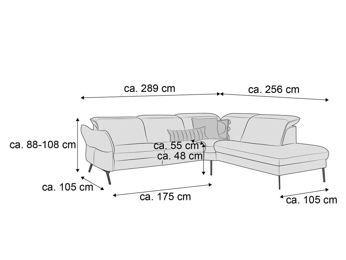 Ecksofa Kabs mit Stoffbezug, gepolsterten Armlehnen und sichtbaren Metallfüßen, L-Form