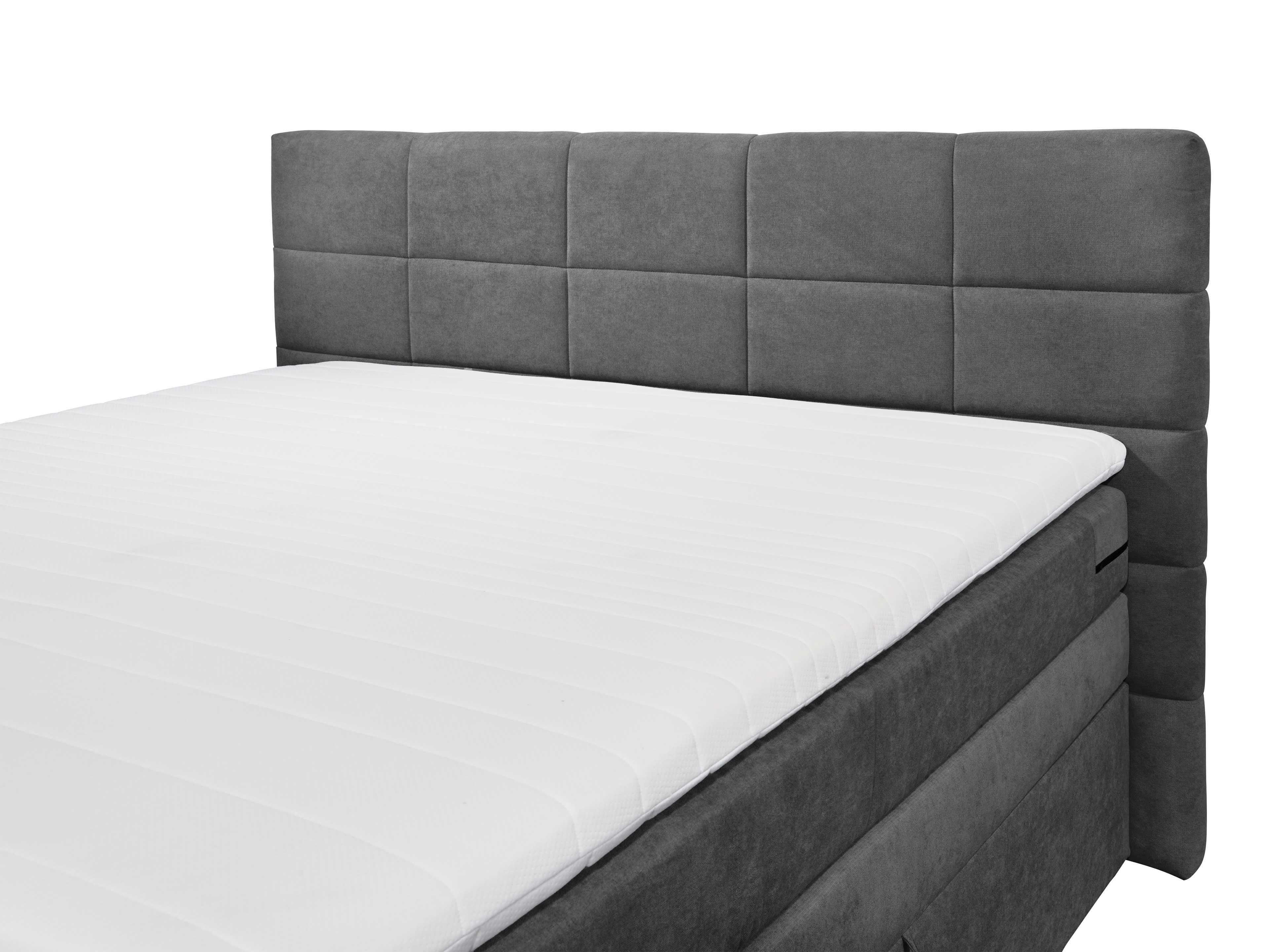 Boxspringbett mit grauem, stoffbezogenem, gepolstertem Kopfteil in rechteckiger Kassettenoptik