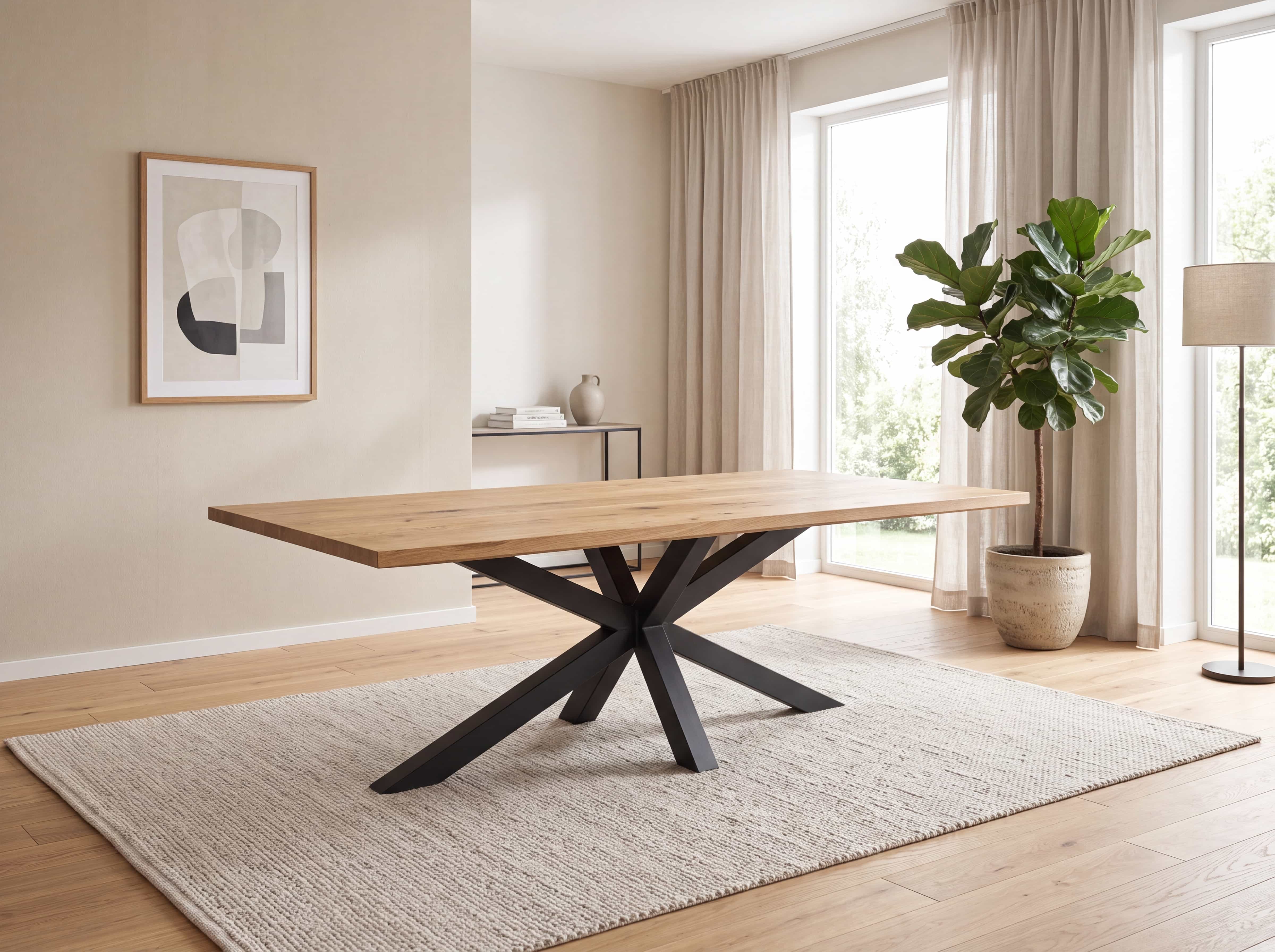 Esstisch mit rechteckiger Holzplatte in Natur und schwarzem, sternförmigem Metallgestell.