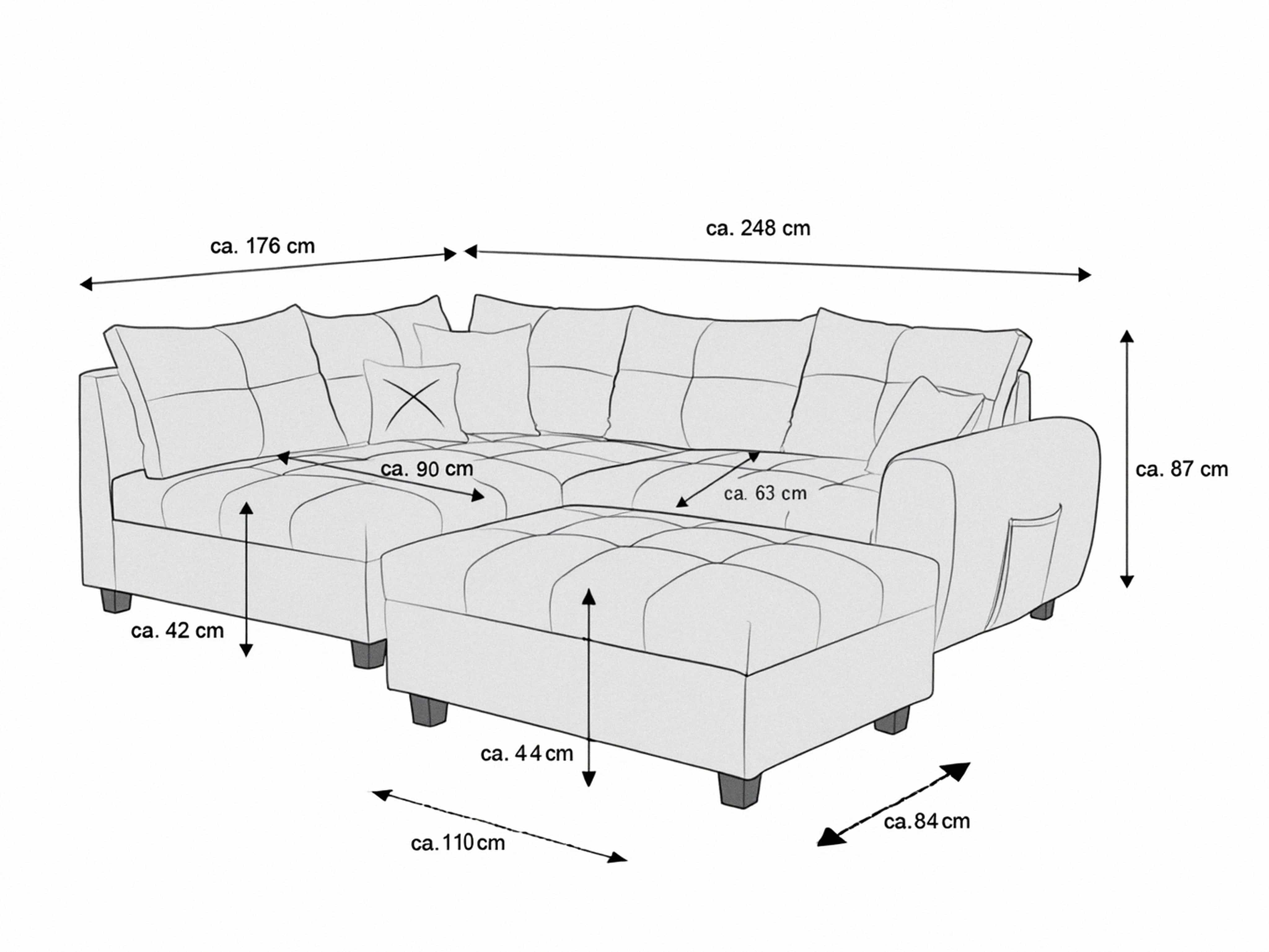 Ecksofa mit Ottomane und Hocker, gepolstert, rechteckige Kissen, sichtbare Nähte, kurze Füße.