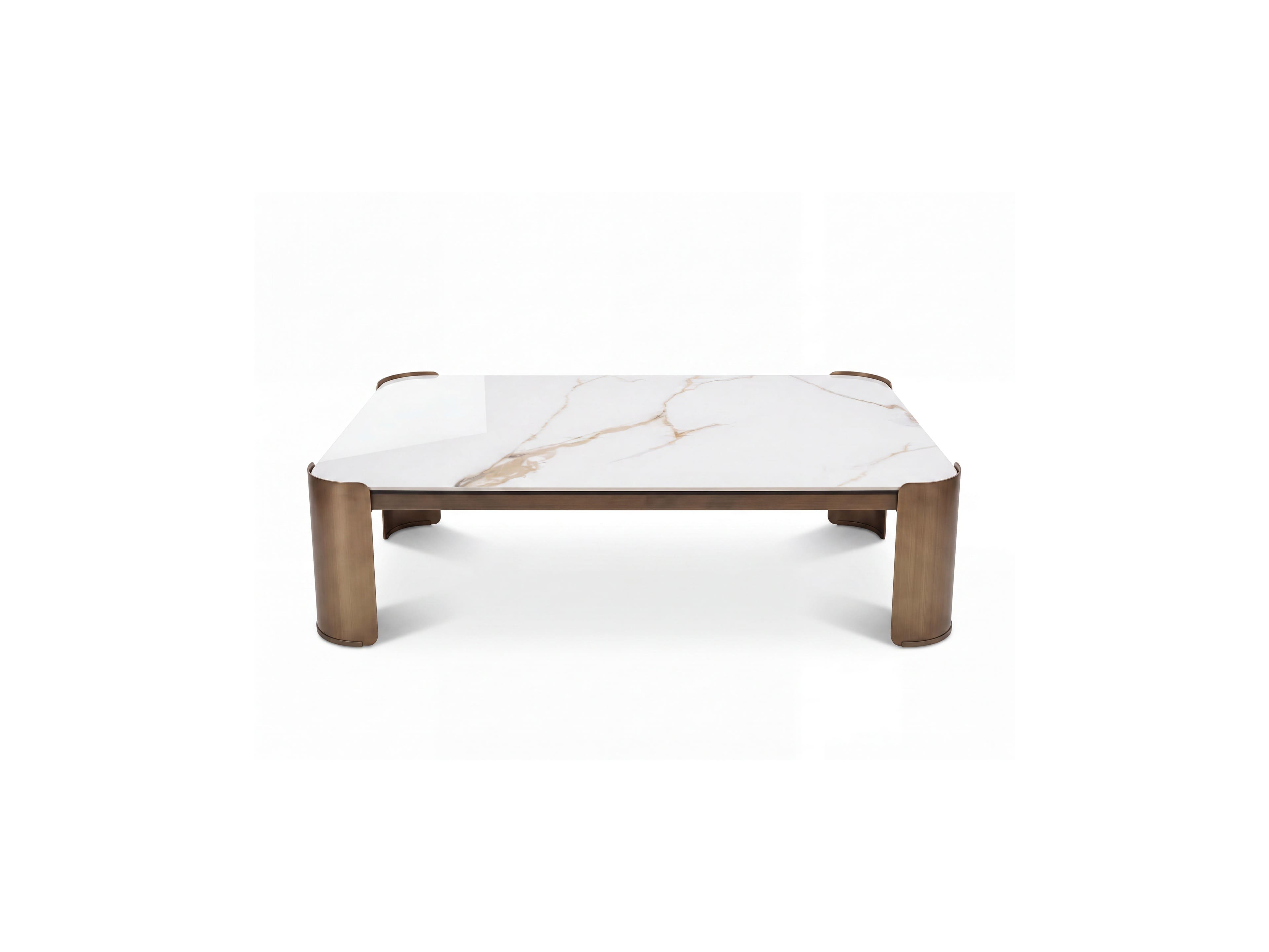 Couchtisch Ricinus – weiße Tischplatte in Marmoroptik mit markantem Metallgestell in Bronzeoptik