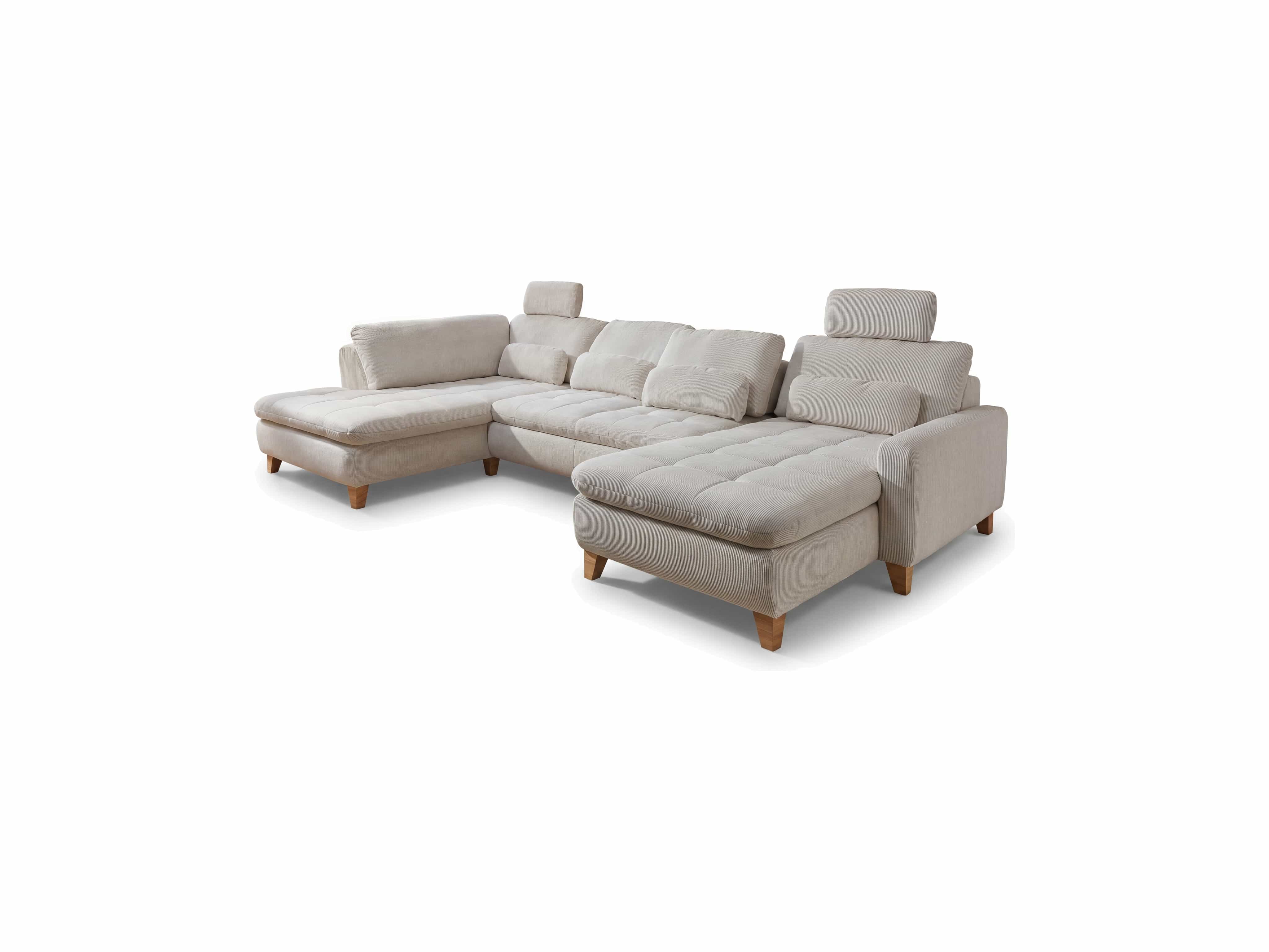 Ecksofa Cordula mit Stoffbezug in Beige, L-Form, Armlehnen, verstellbare Kopfstützen, Holzfüße