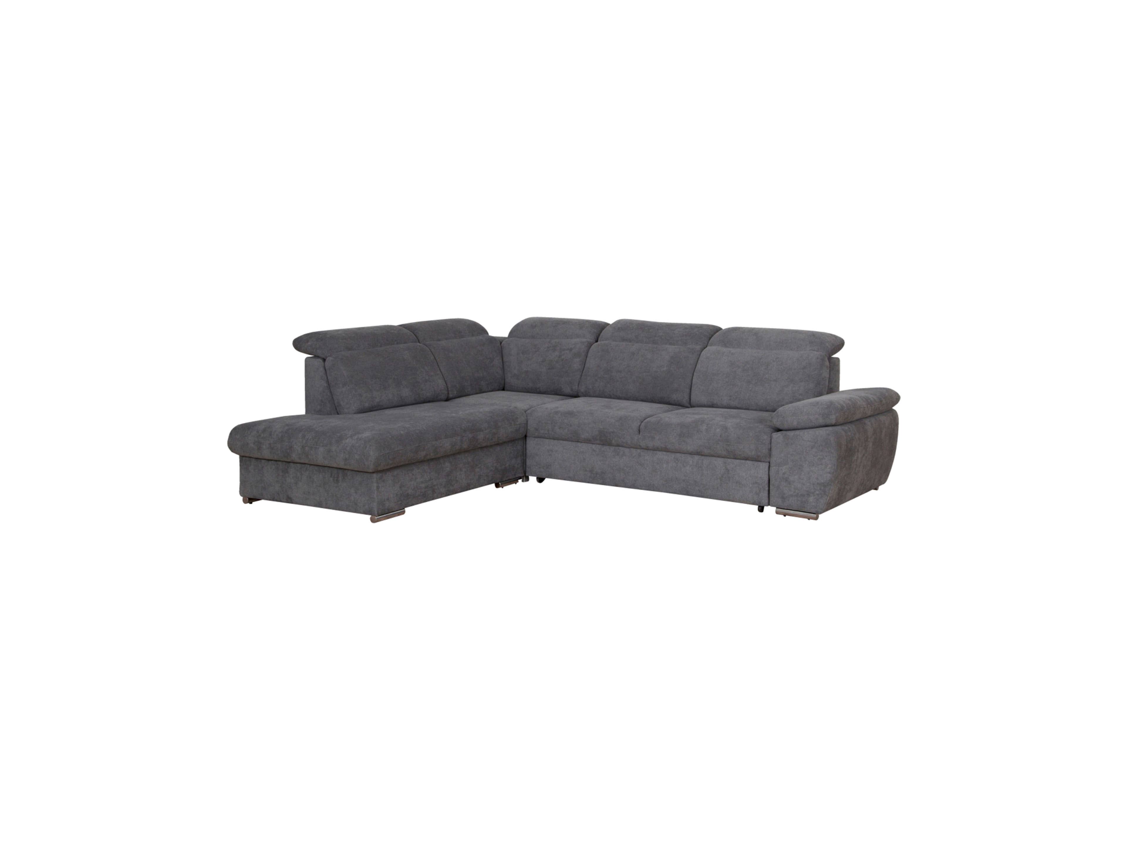 Ecksofa mit grauem Stoffbezug, breiten Armlehnen, verstellbaren Kopfstützen und gepolsterter Sitzfläche