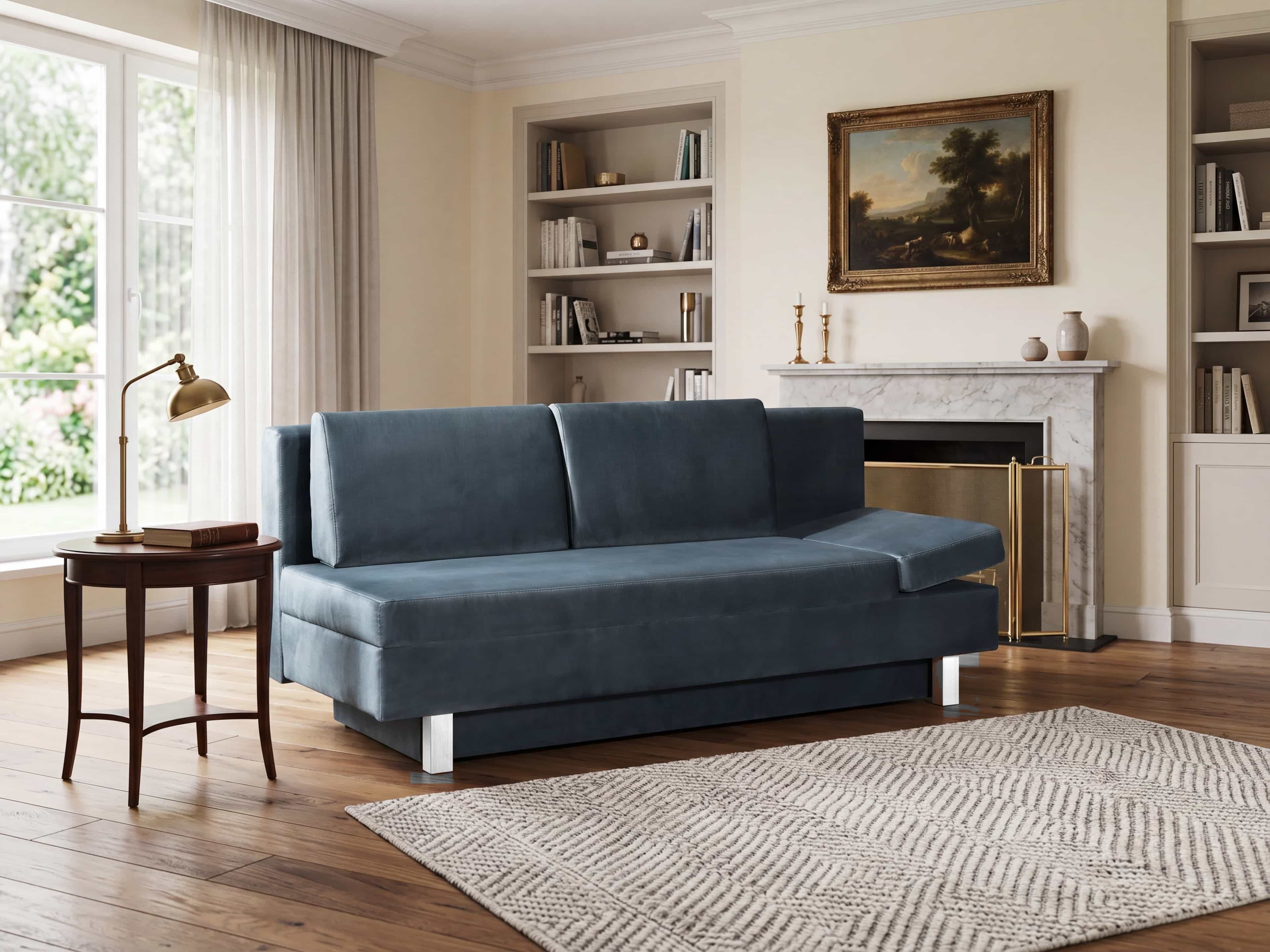 Ecksofa Kabs Polsterwelt mit blauem Stoffbezug, rechteckiger Form und Metallfüßen