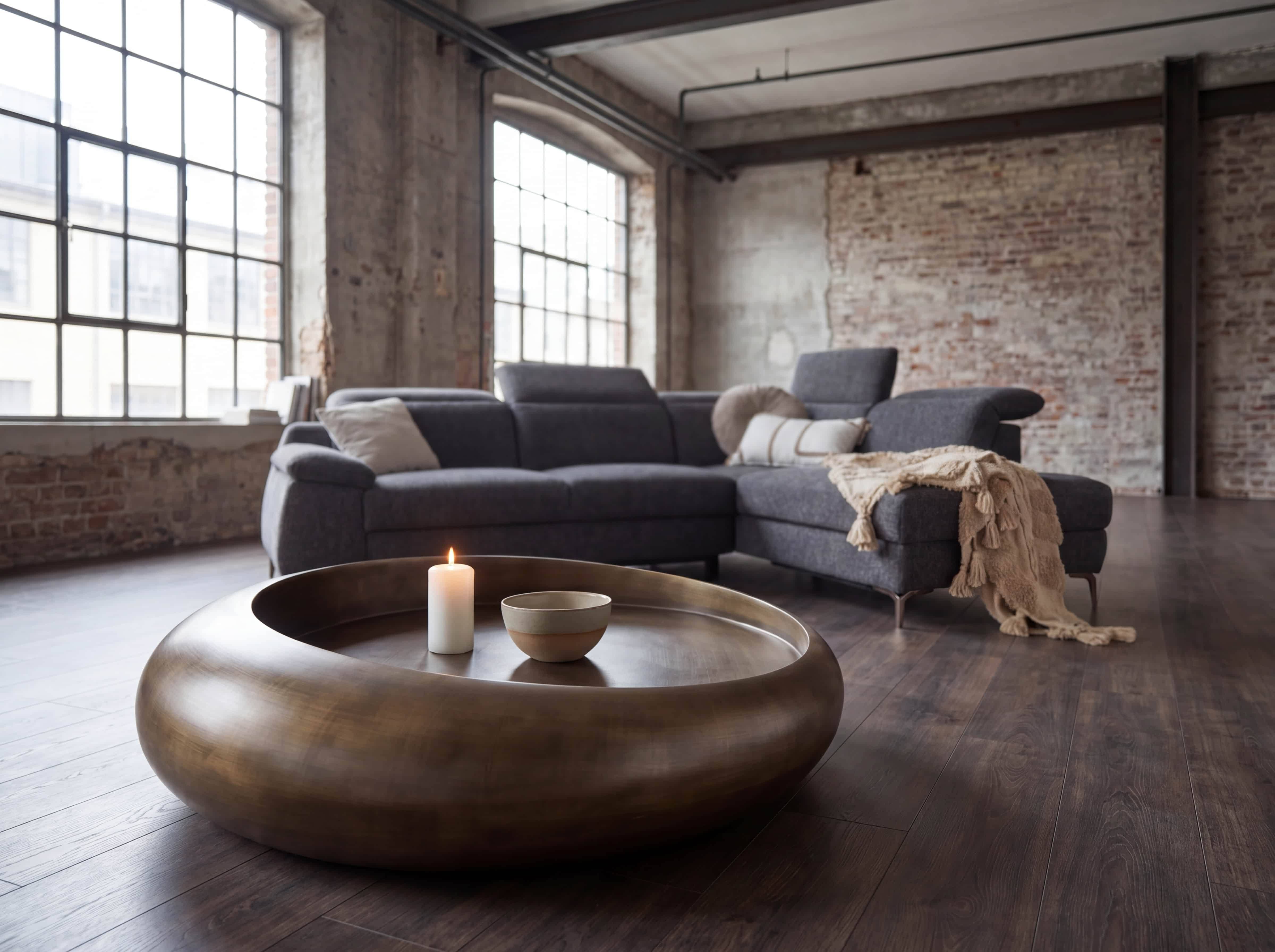 Couchtisch Rubus – runder Couchtisch in Bronzeton mit breitem, umlaufendem Rand
