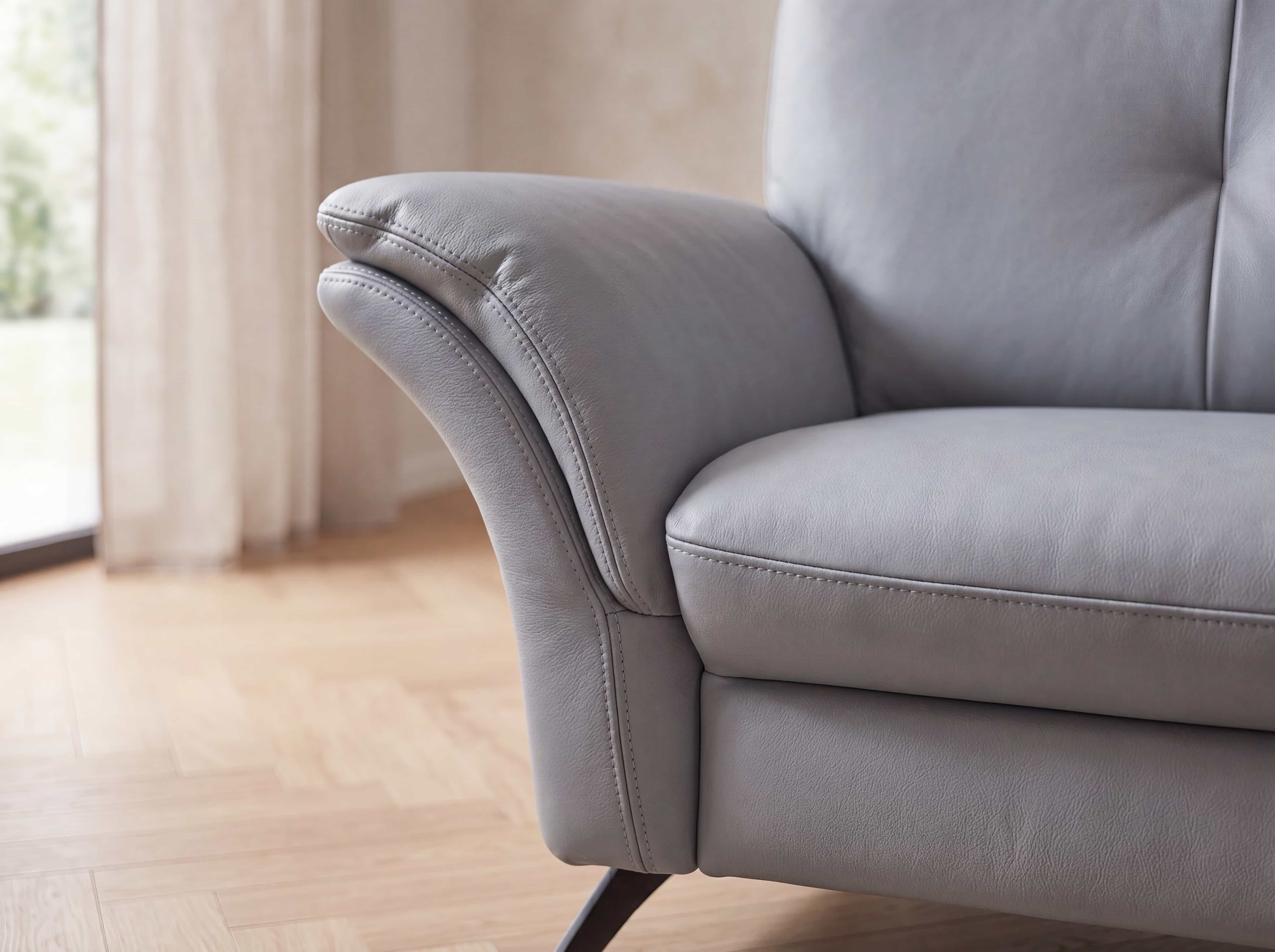 Echtleder-Sofa Kabs Atlanta mit gepolsterter Armlehne in Grau, sichtbare feine Doppelnaht