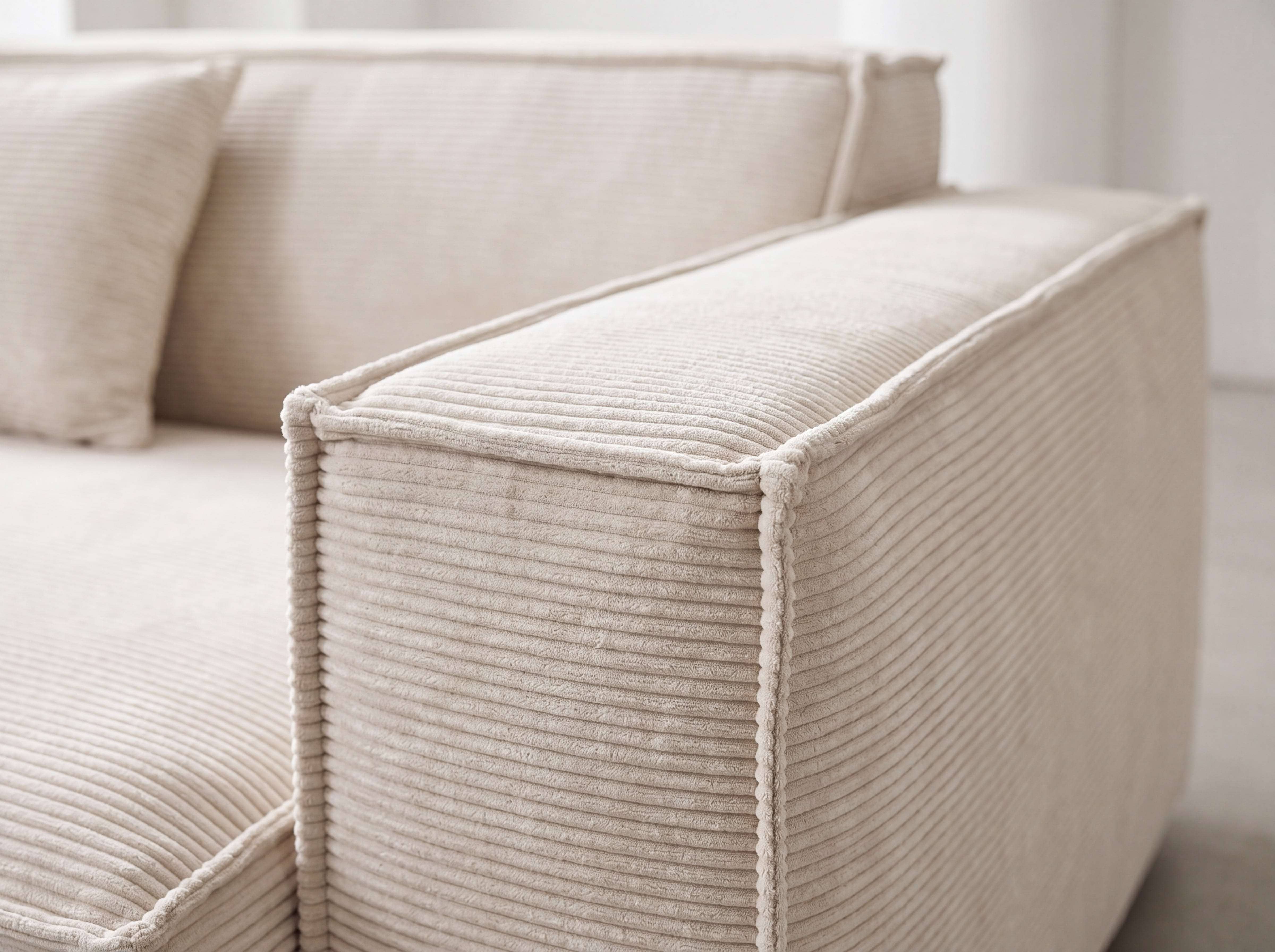 Ecksofa Kabs Cord beige mit breiten Armlehnen, geradliniger Form und sichtbarer Steppnaht