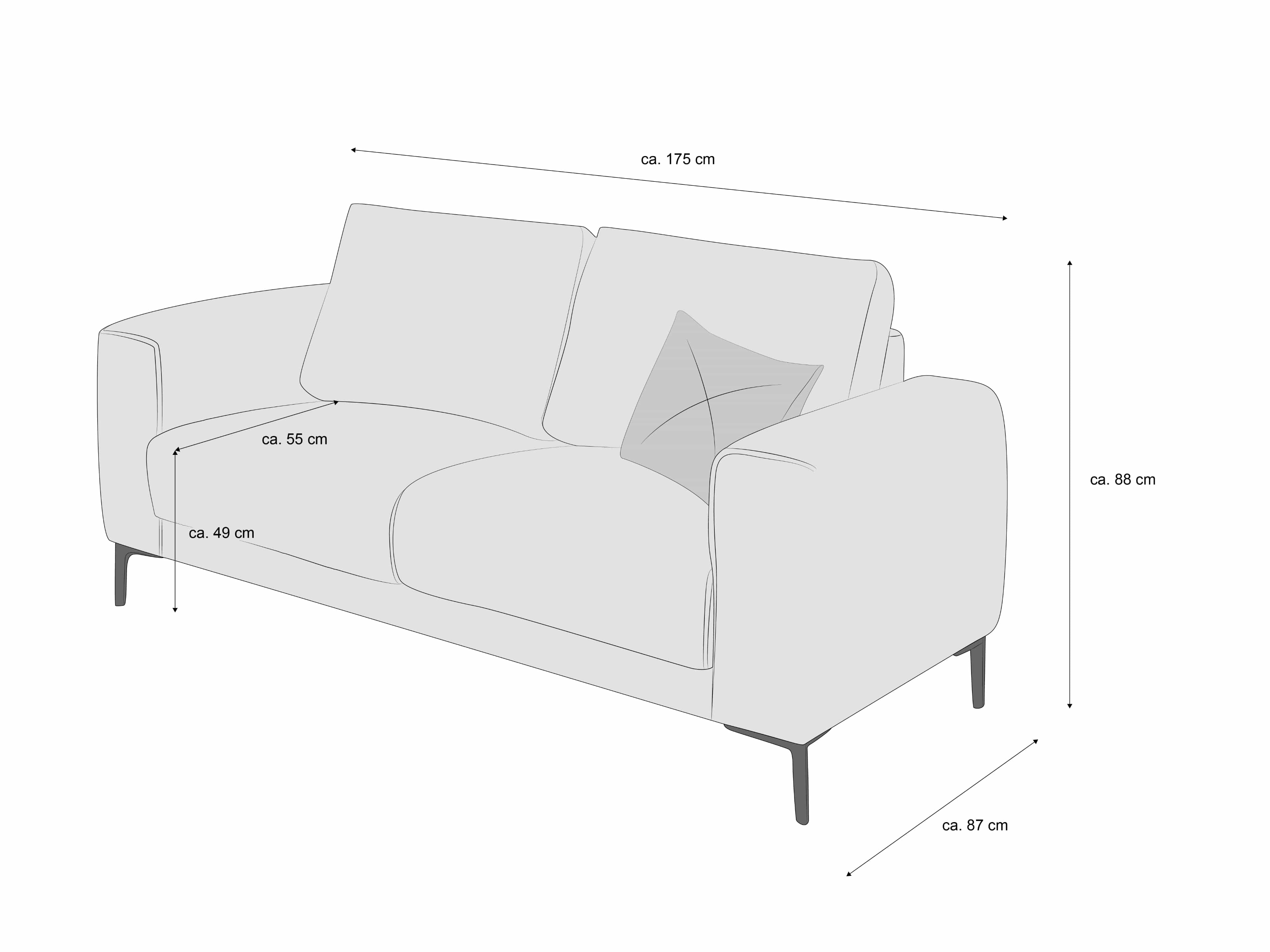 2-Sitzer Sofa mit Armlehnen, gepolsterten Sitz- und Rückenkissen, sichtbaren Sofafüßen, Kissen inklusive