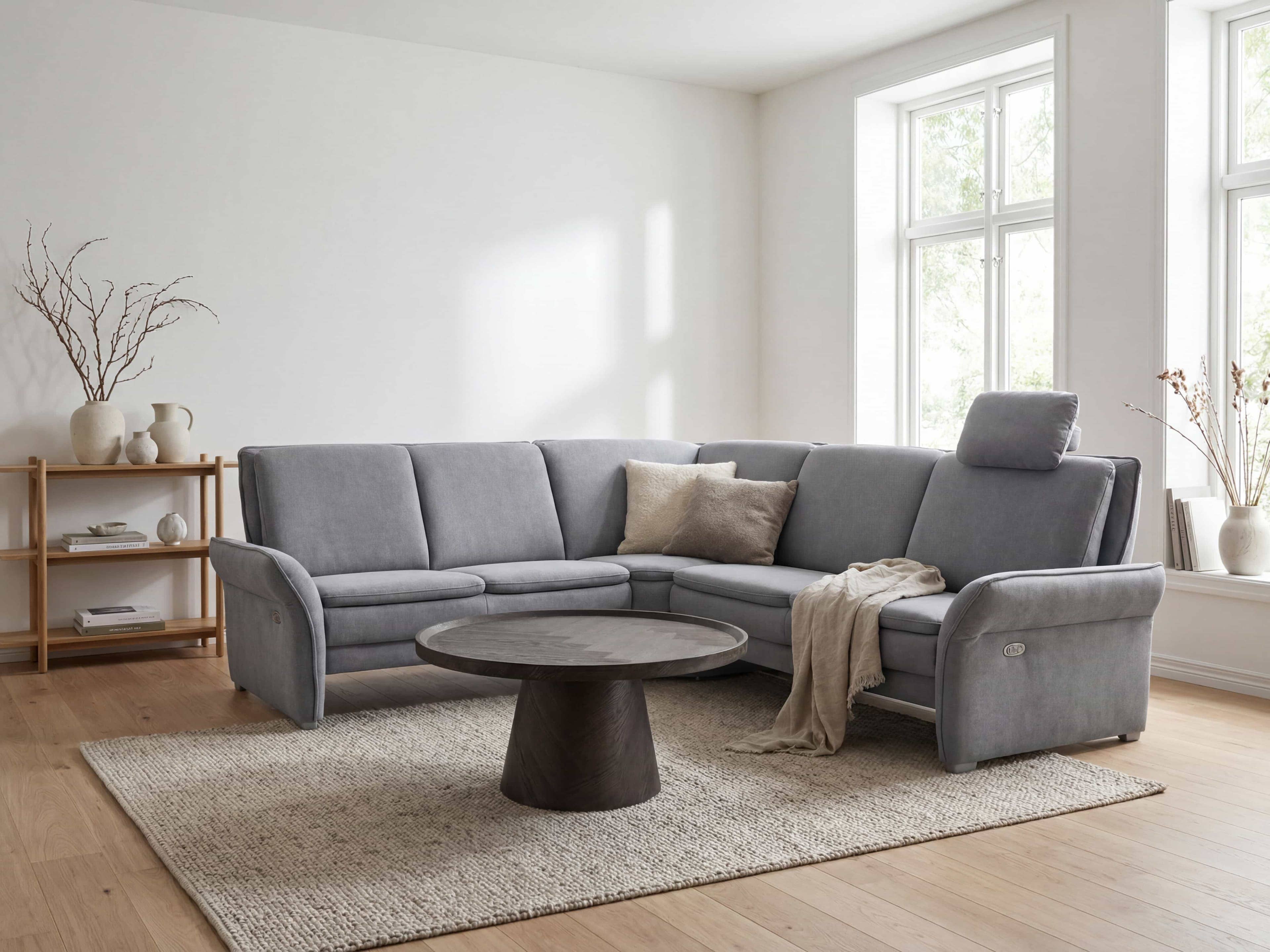 Ecksofa Bellagio mit grauem Stoffbezug, gepolsterter Rückenlehne und verstellbarer Kopfstütze
