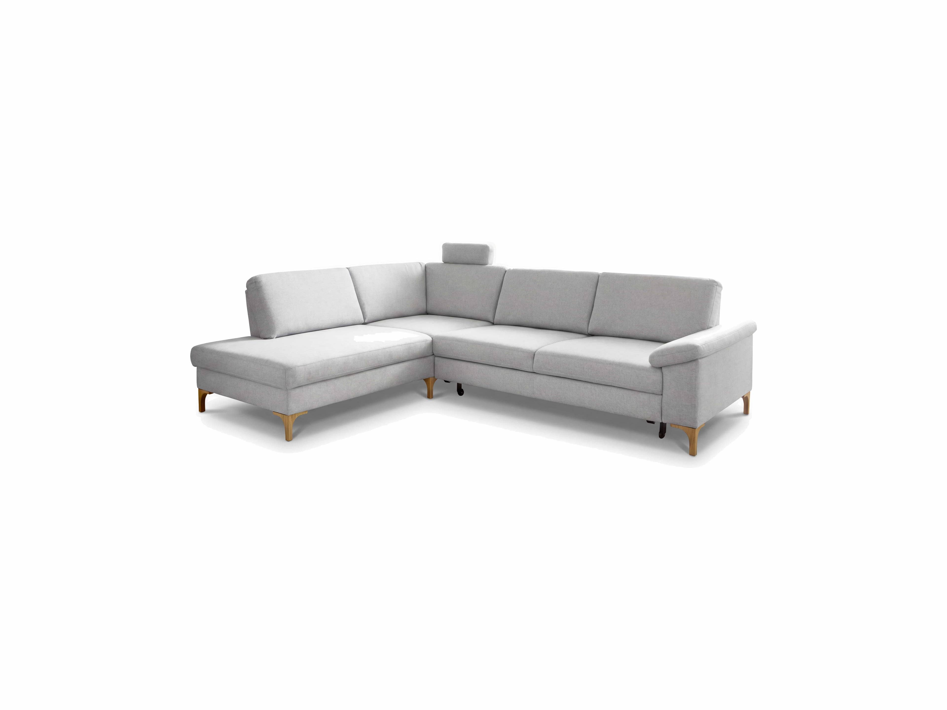 Ecksofa mit hellgrauem Stoffbezug, Holzfüßen, Armlehne rechts und verstellbarer Kopfstütze