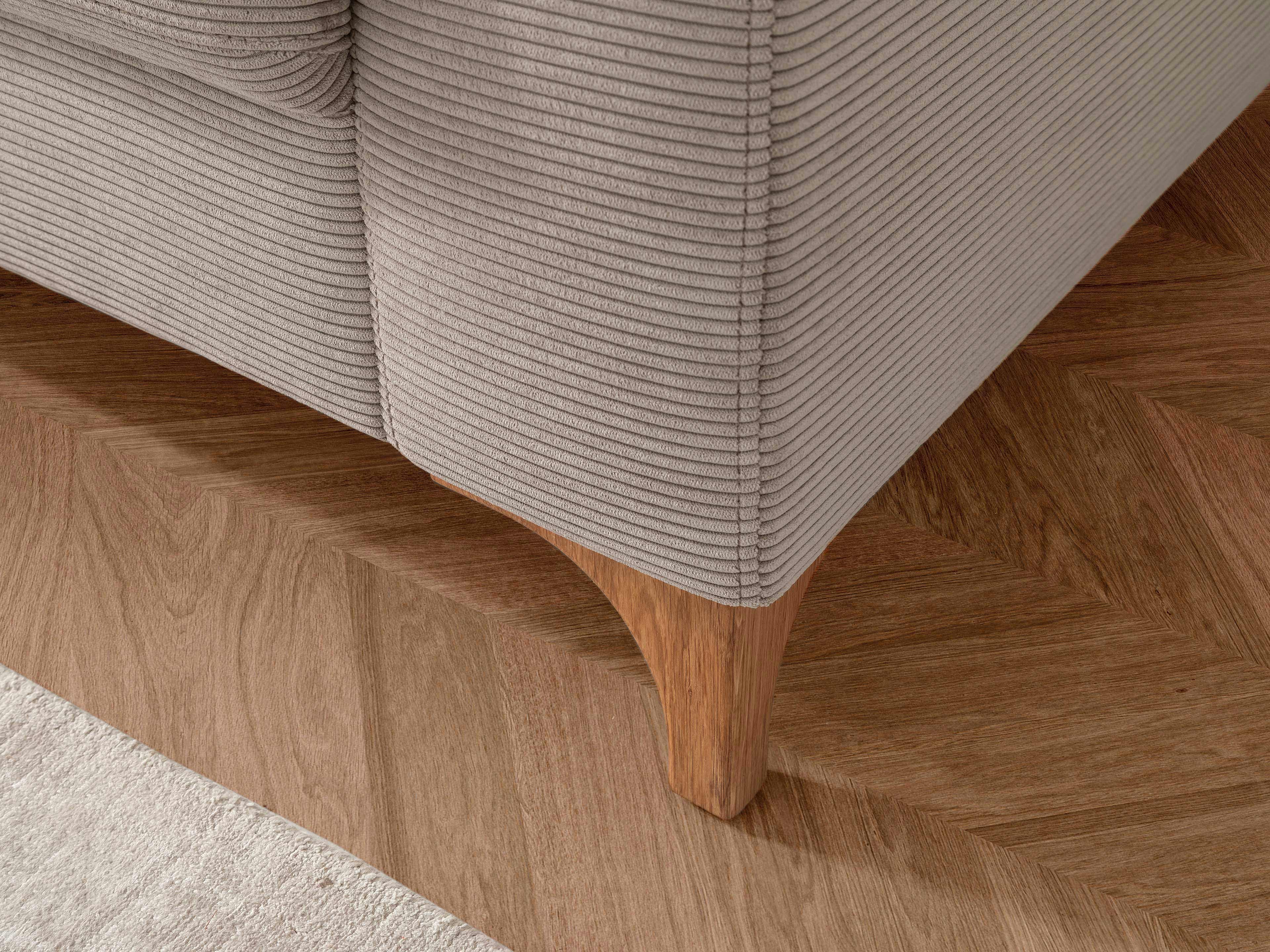 Ecksofa Kabs Polsterwelt mit grauem Cordbezug und schrägem Holzfuß, Nahaufnahme Ecke