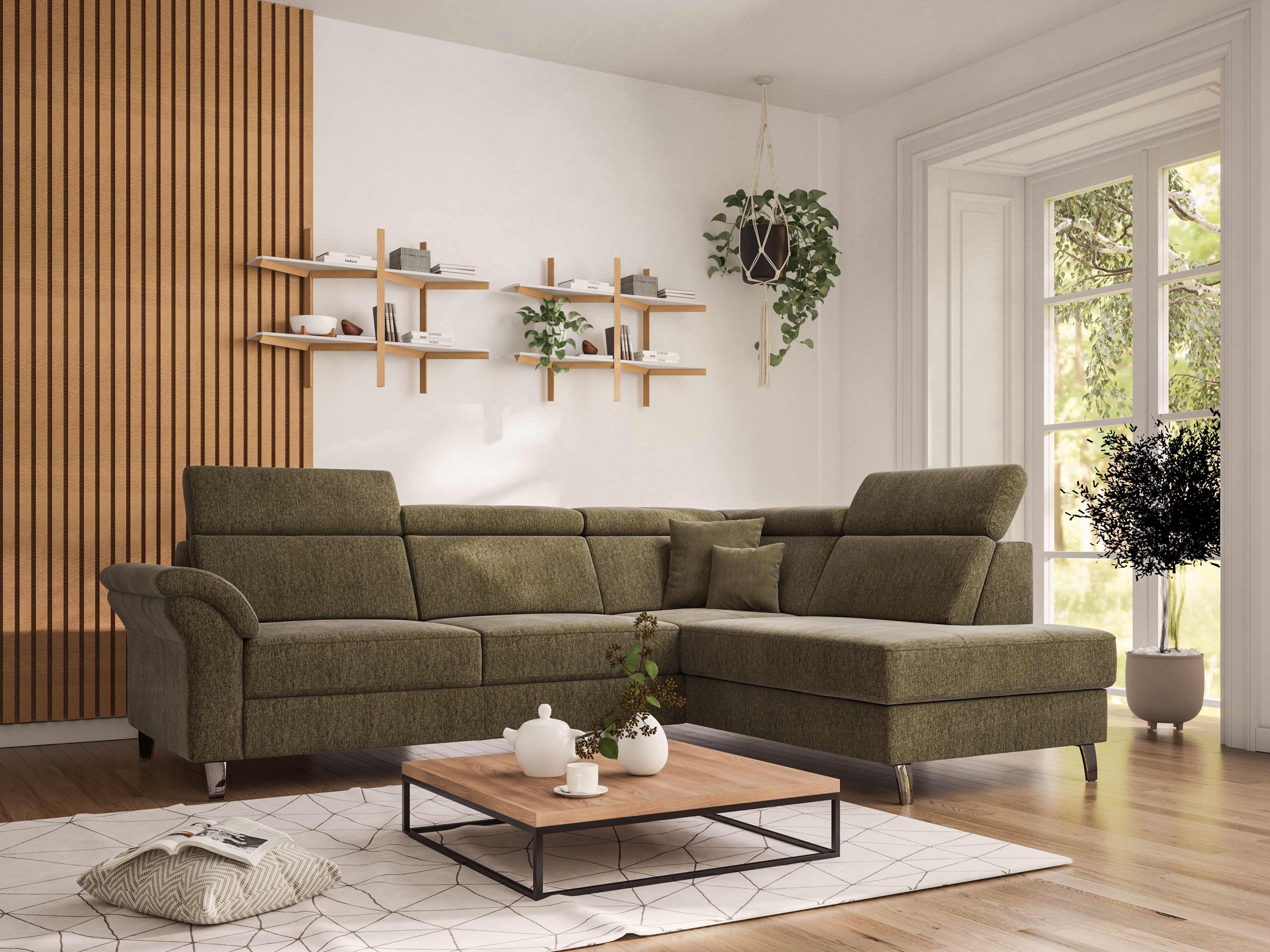 Ecksofa Kabs Polsterwelt mit grünem Stoffbezug, verstellbaren Kopfteilen und Metallfüßen