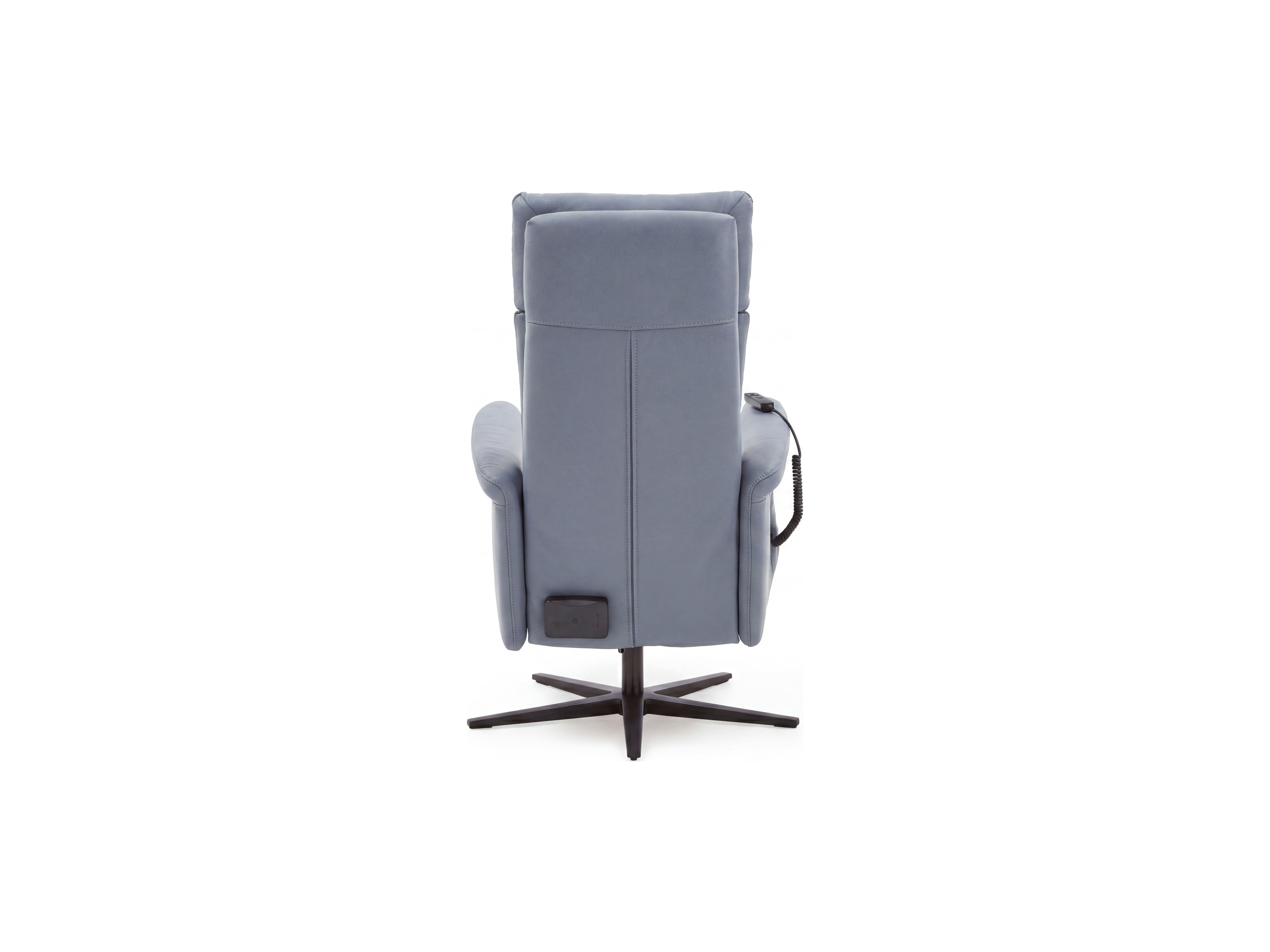 Relaxsessel mit hoher Rückenlehne, blauer Stoffbezug, Armlehnen, schwarzes Drehteller-Gestell