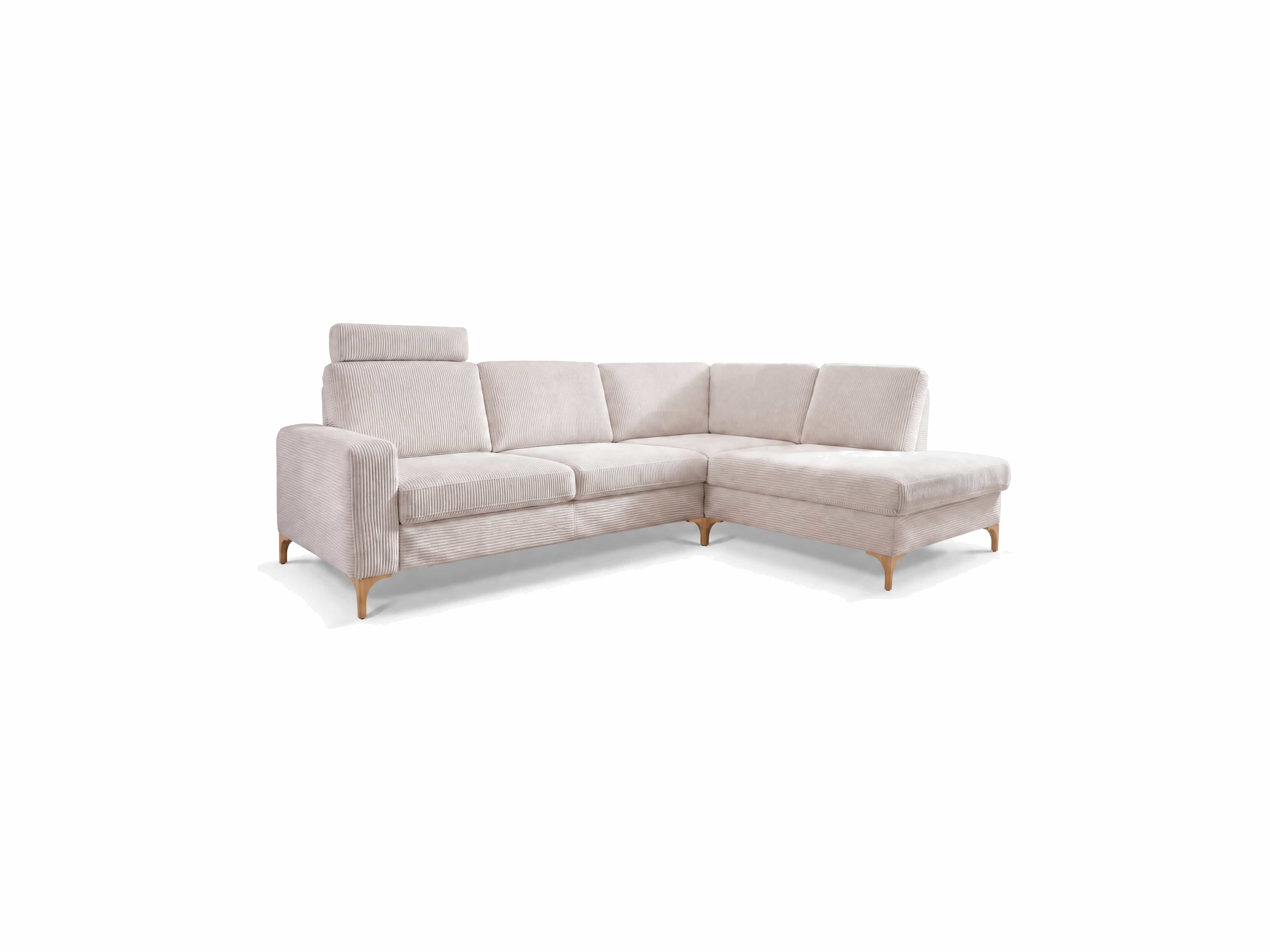 Ecksofa Kody mit hellem Cordbezug, Holzfüßen, Armlehne links und verstellbarer Kopfstütze