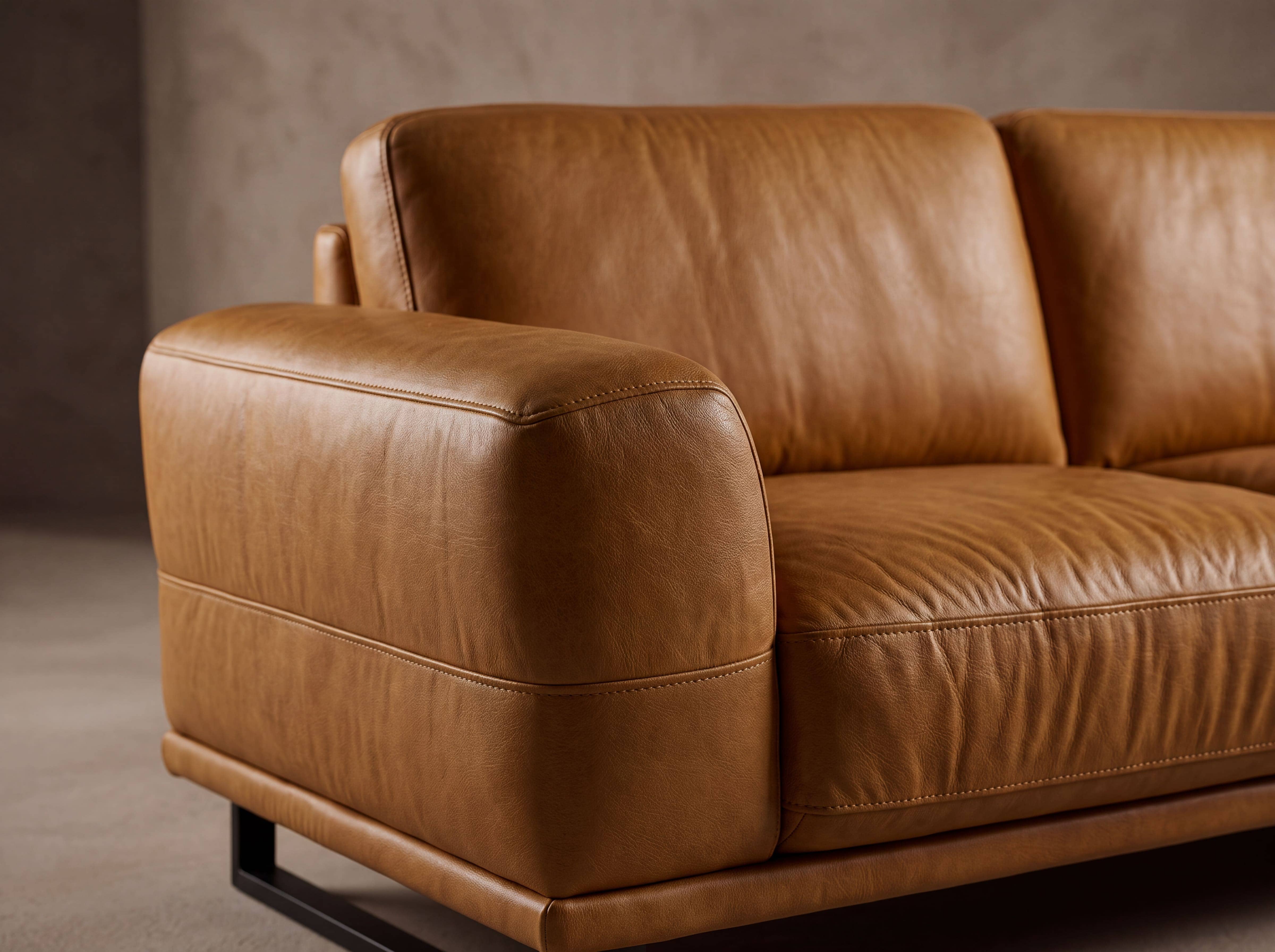 Ecksofa Kabs mit braunem Lederbezug, gepolsterte Sitzfläche und Armlehne auf Metallgestell