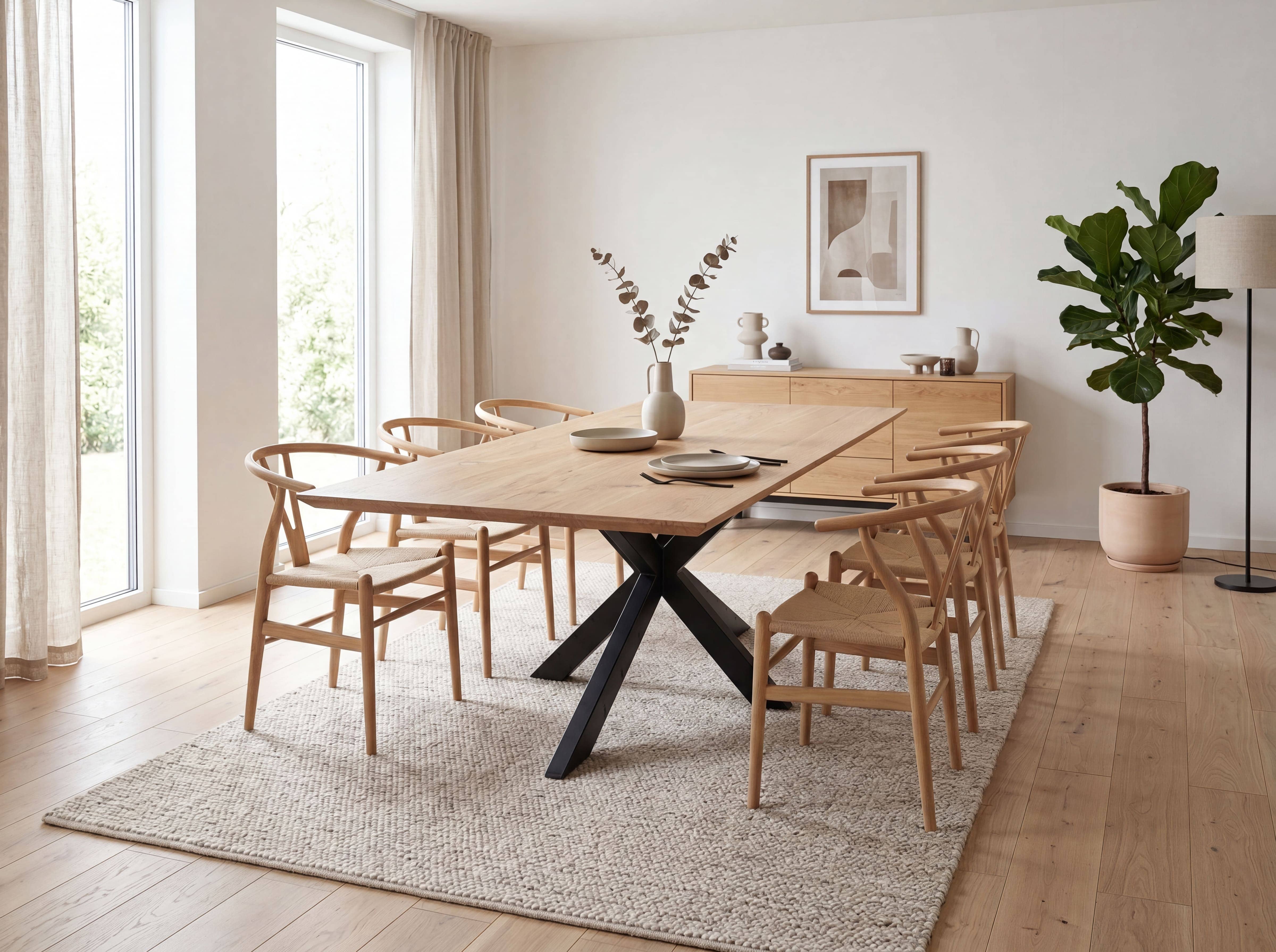 Rechteckiger Esstisch aus hellem Holz mit schwarzem Metallgestell, sechs Holzstühle mit Armlehnen