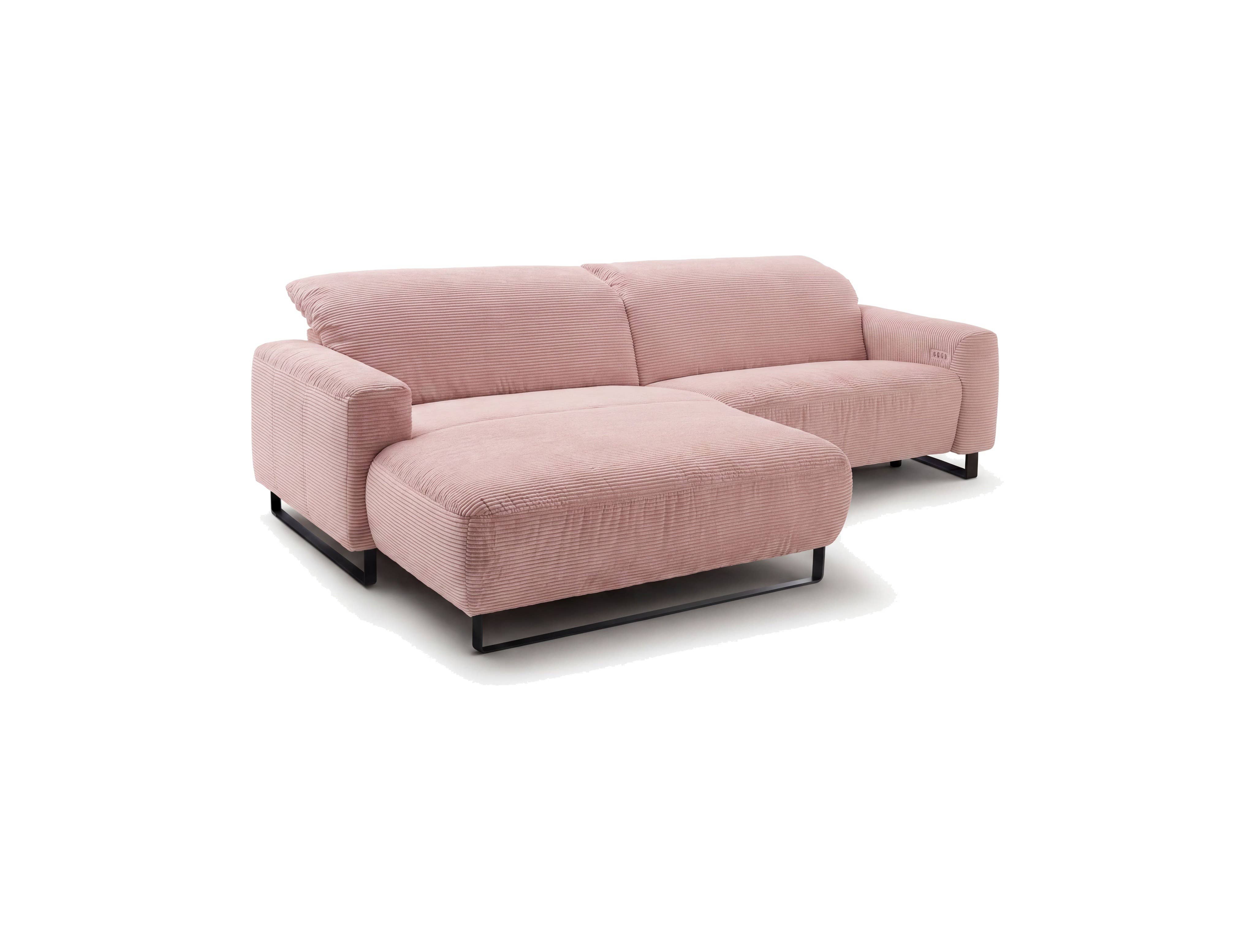 Ecksofa Calvene – rosafarbener Cordbezug, breite Armlehnen, schwarze Metallkufen