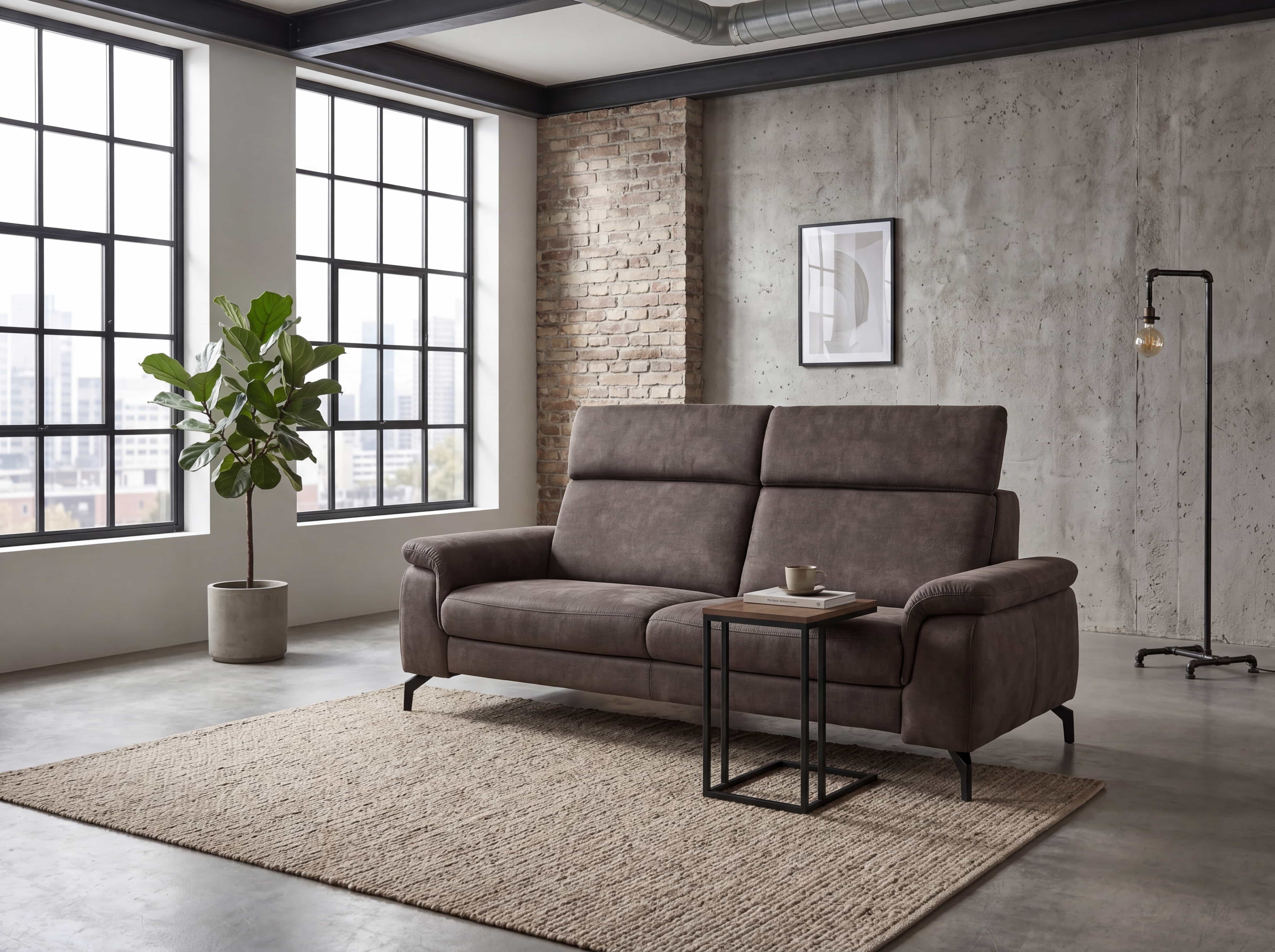 3-Sitzer Sofa Kabs Polsterwelt mit braunem Stoffbezug, Armlehnen und schwarzen Metallfüßen
