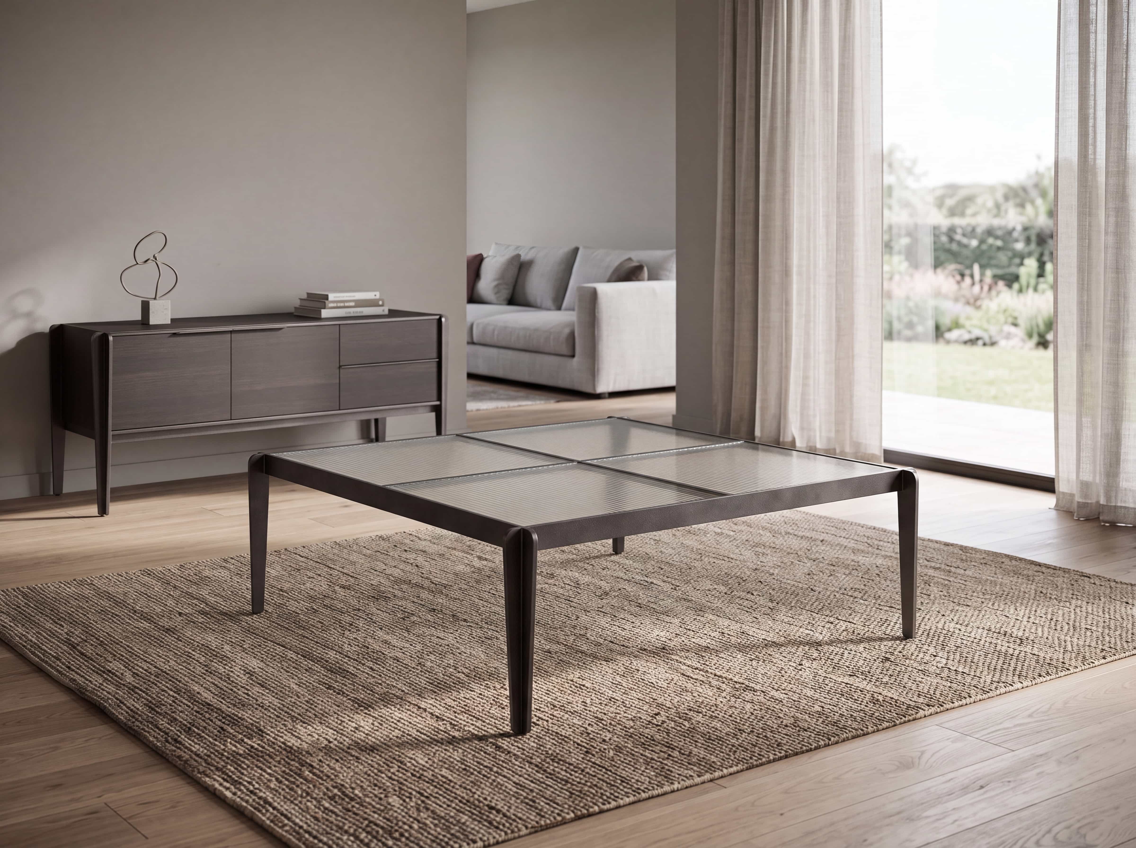 Rechteckiger Couchtisch mit dunklem Metallgestell und geteilter Glasplatte auf hellem Teppich.