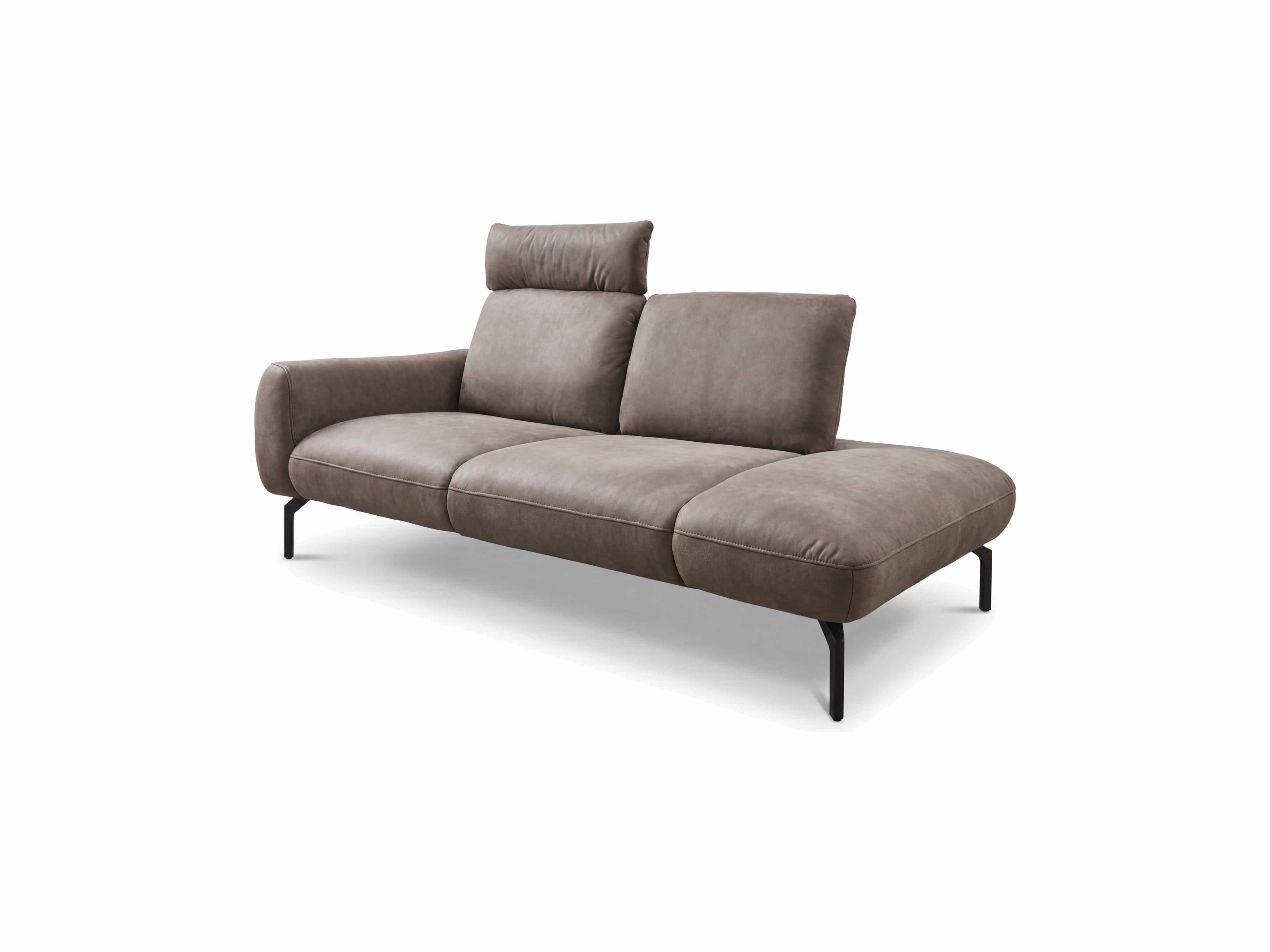 3-Sitzer Sofa mit braunem Lederbezug, einer Armlehne links, Kopfstütze und schwarzen Metallfüßen