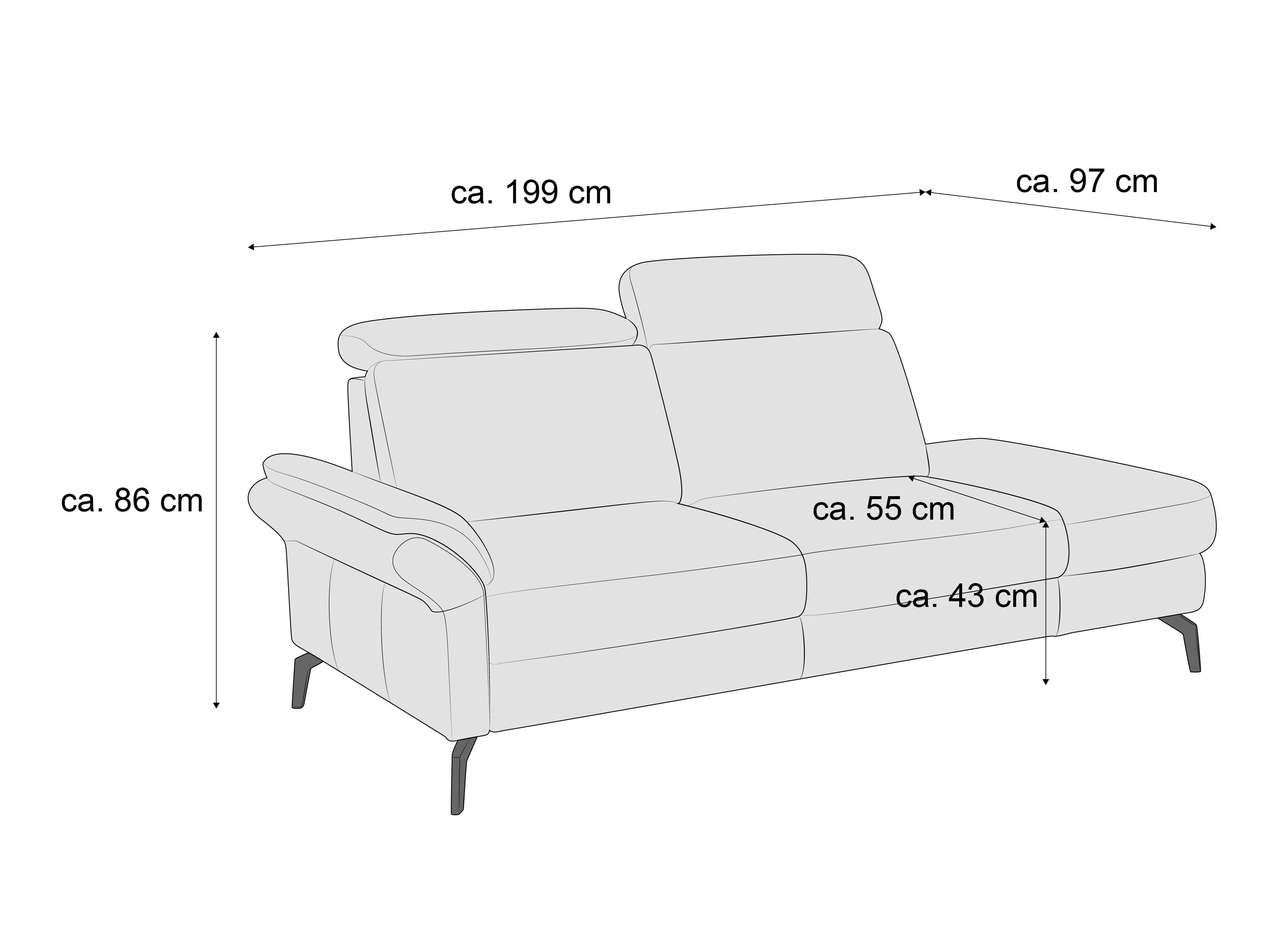 2-Sitzer Sofa mit Armlehnen, verstellbarem Kopfteil und Metallfüßen, rechteckige Sitzfläche