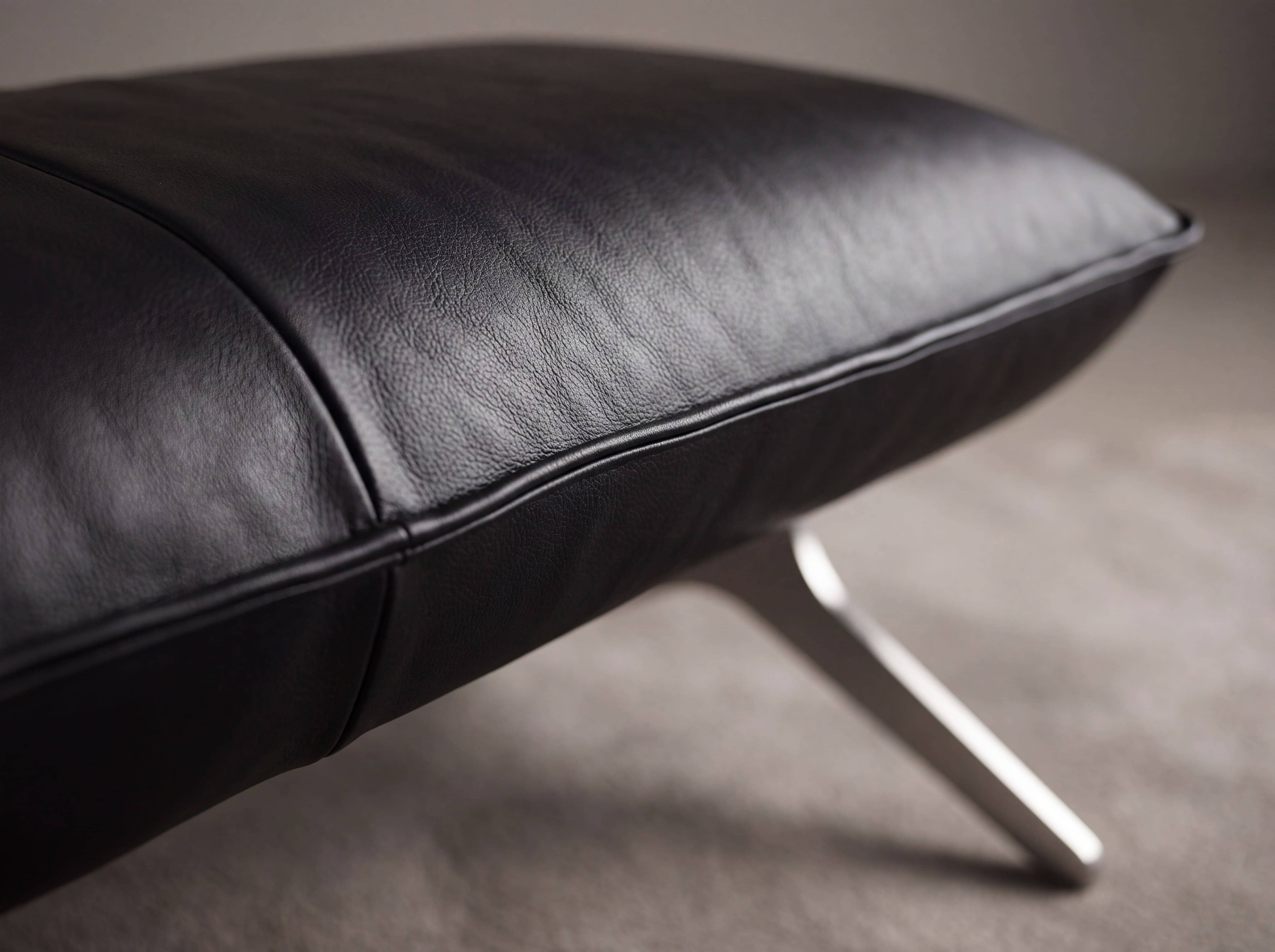 Detailansicht eines Sofasitzes mit schwarzem Lederbezug und sichtbarem Metallfuß in Silberoptik.