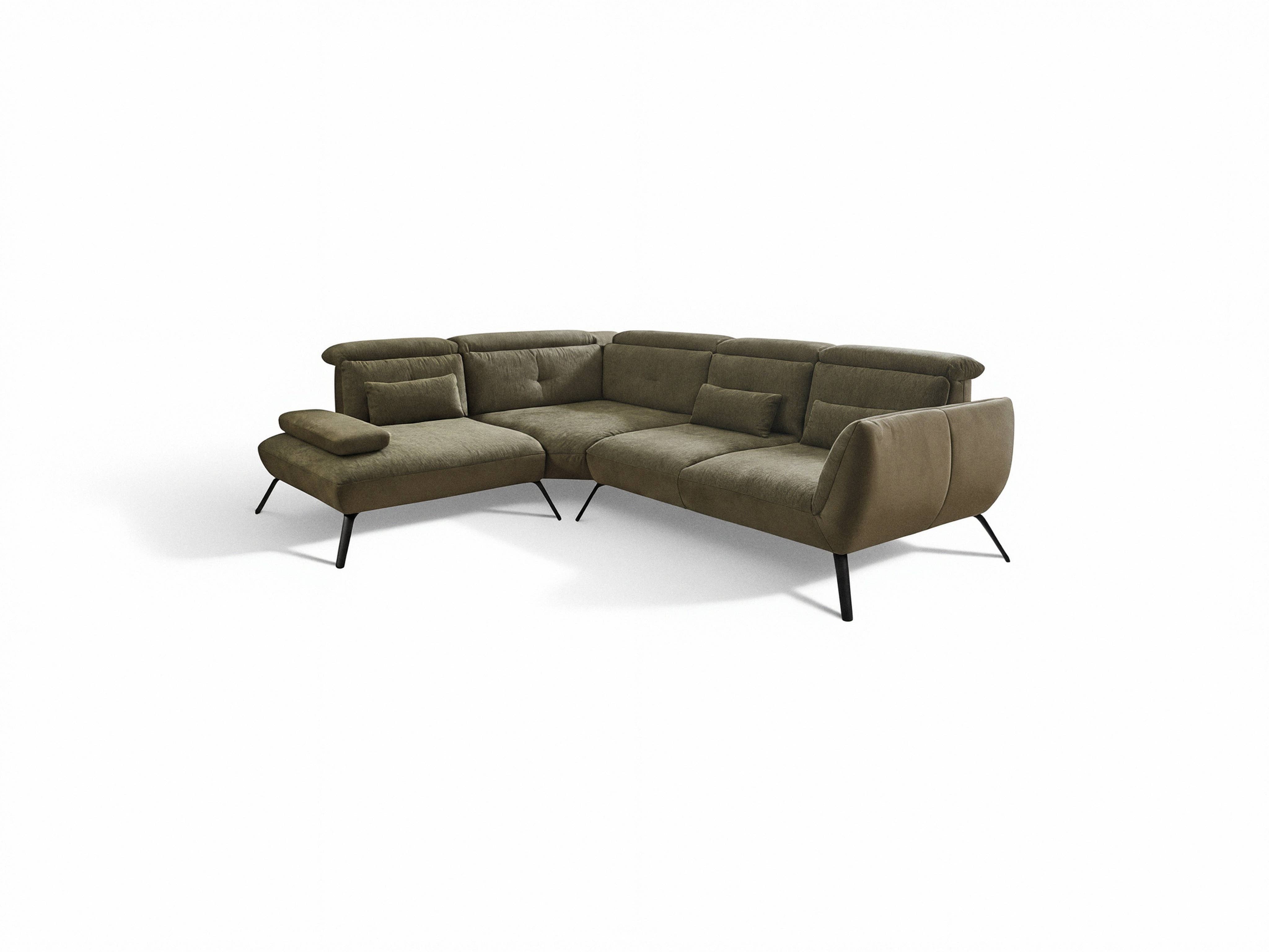 Ecksofa Kabs Polsterwelt Modell in olivgrünem Stoffbezug mit schwarzen Metallfüßen und Armlehnen