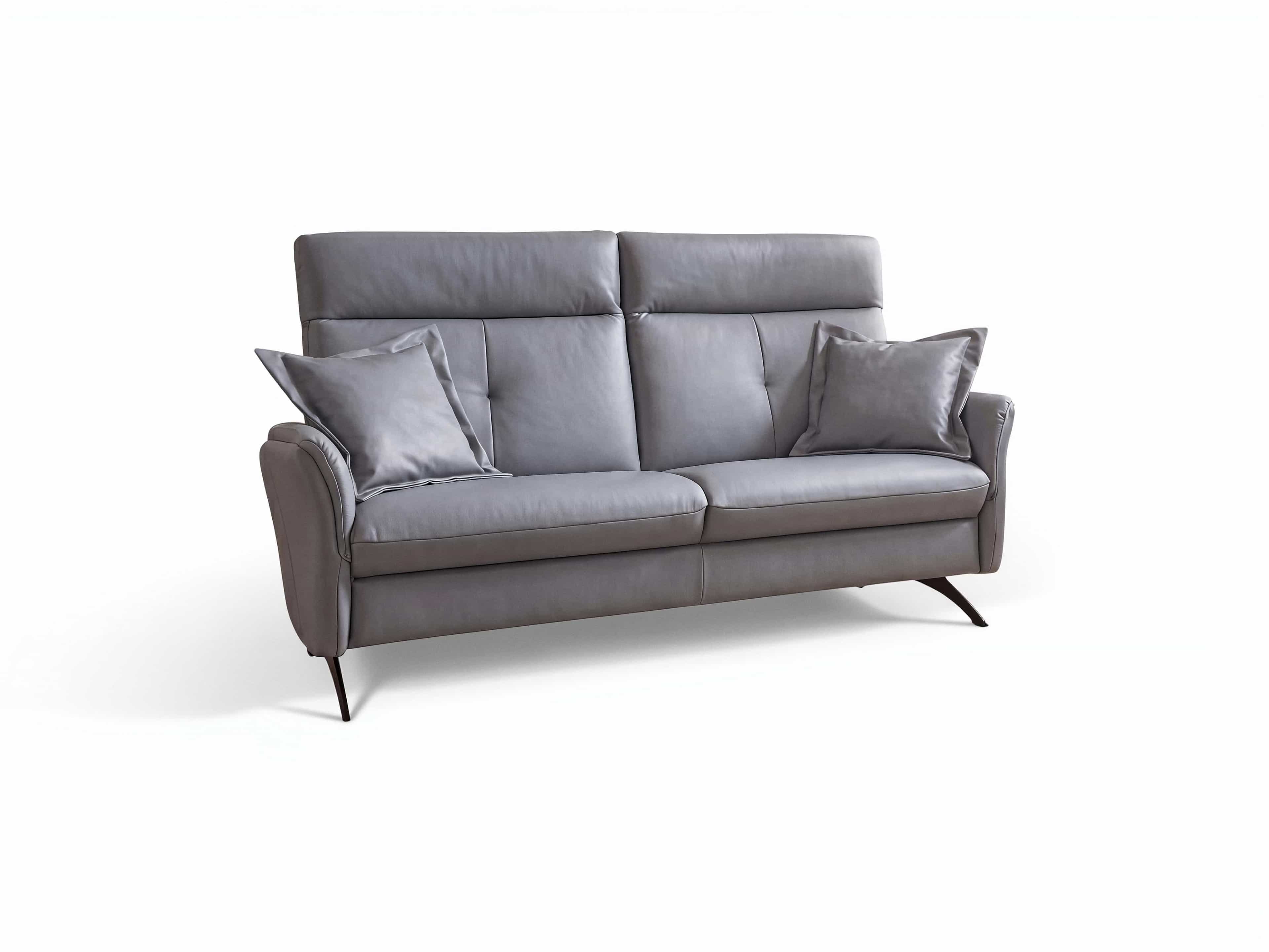 2-Sitzer Sofa Kabs Polsterwelt aus grauem Leder mit Armlehnen, hoher Rückenlehne und Metallfüßen