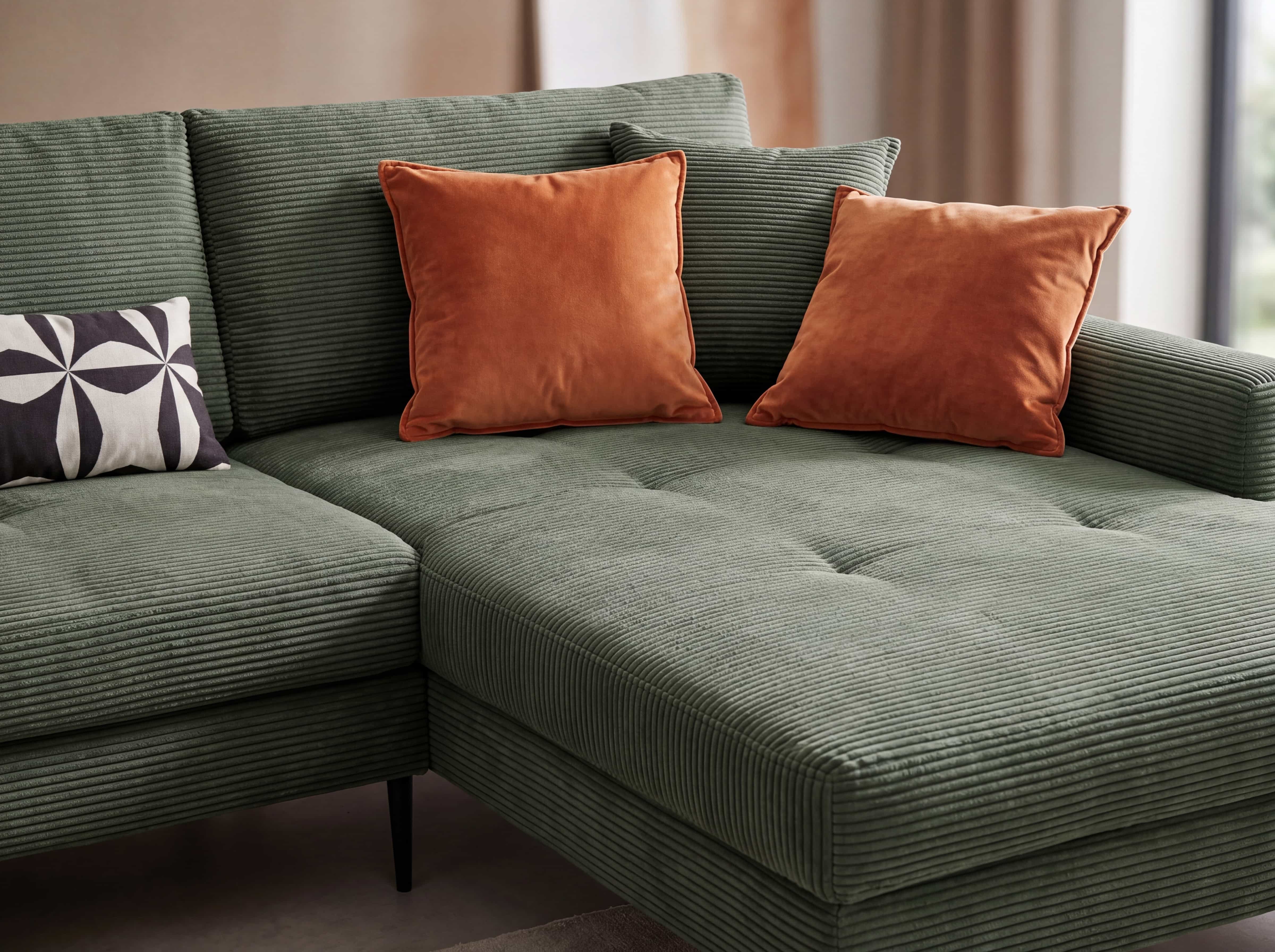 Ecksofa mit grünem Cordbezug, Armlehne rechts, Zierkissen in Orange und Schwarz-Weiß-Muster