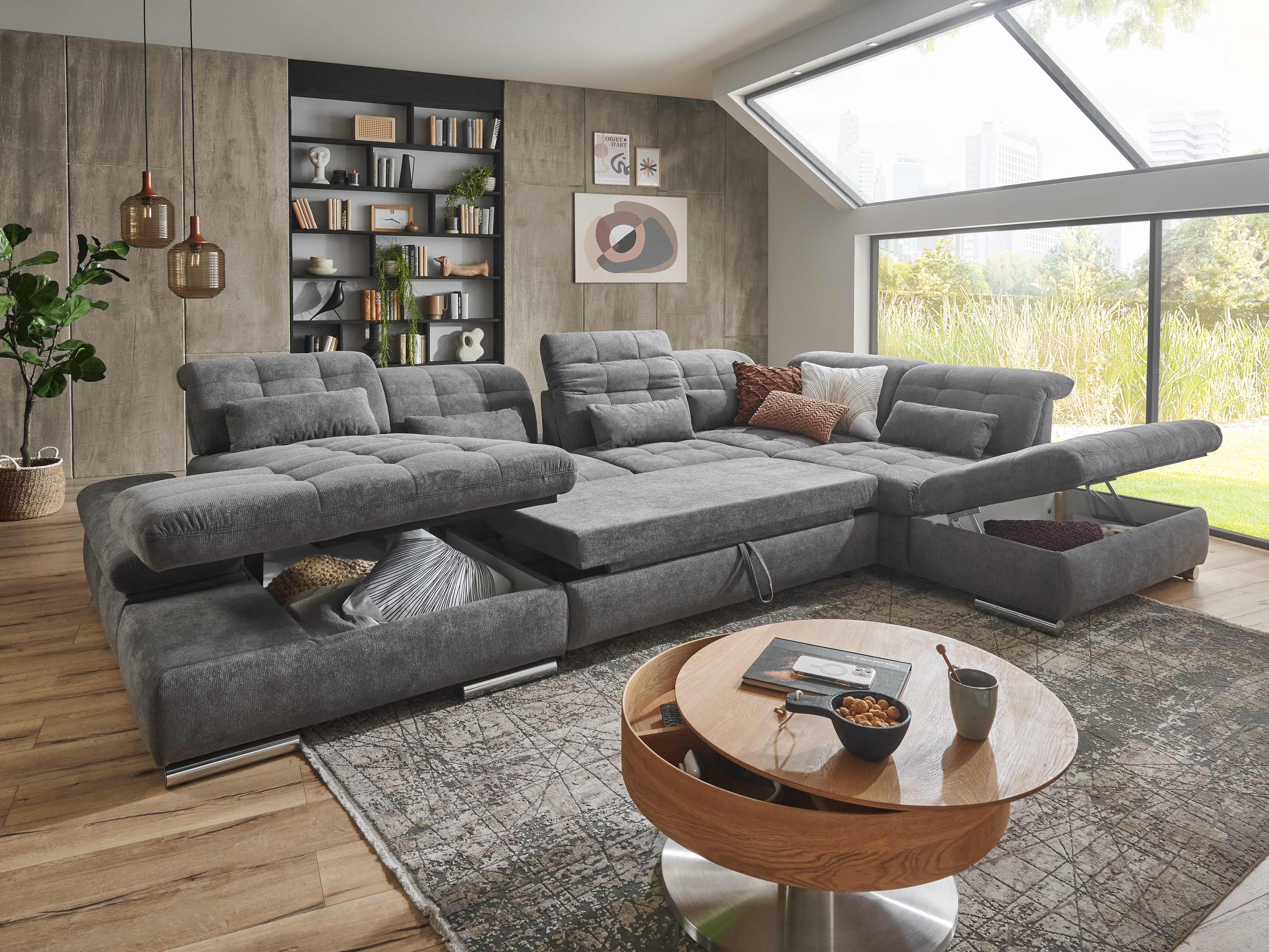 Wohnlandschaft Kabs Polsterwelt in L-Form mit grauem Stoffbezug, verstellbaren Lehnen und sichtbarem Stauraum